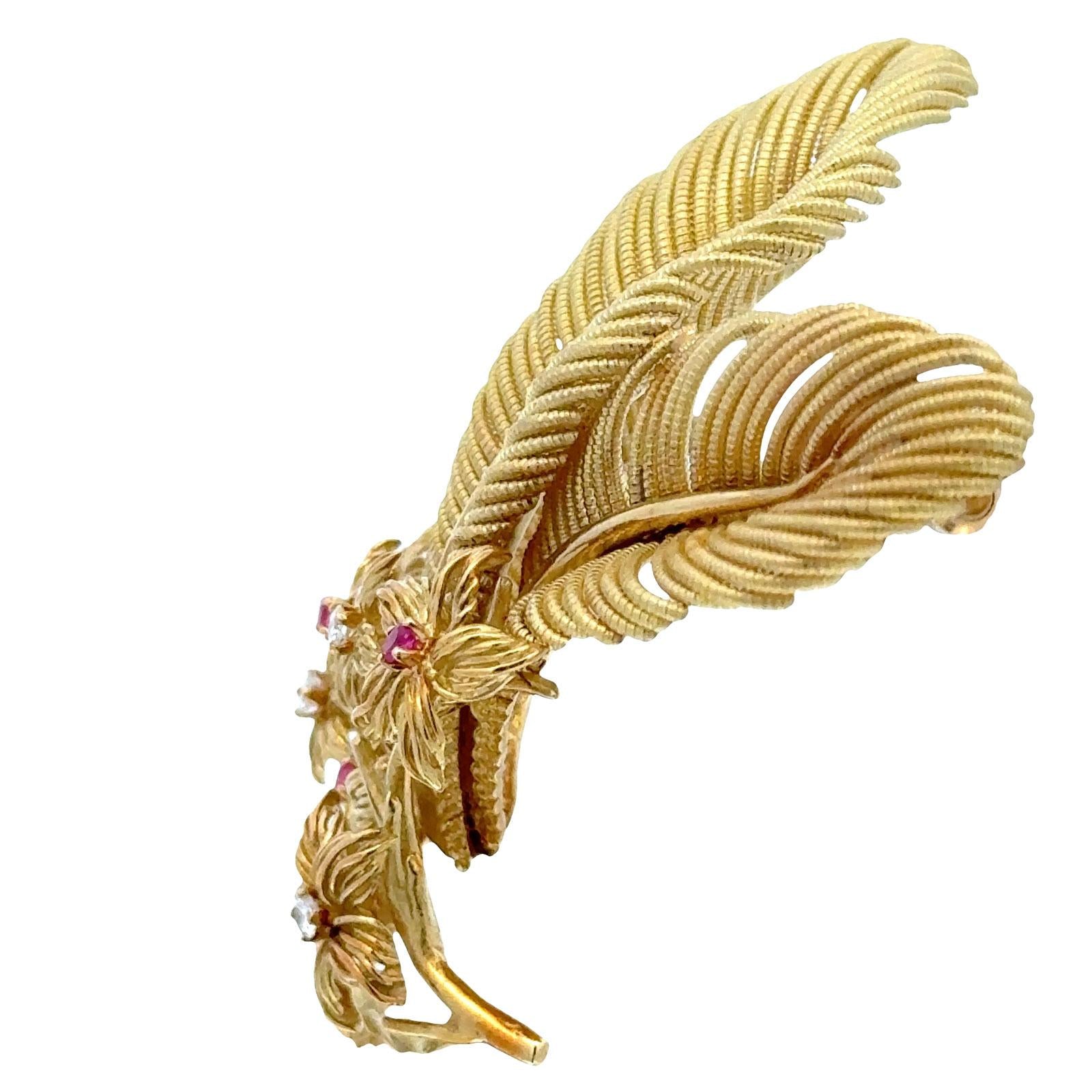1970's Tiffany & Company Diamond Ruby Flower 18K Yellow Gold Vintage Brooch Pin