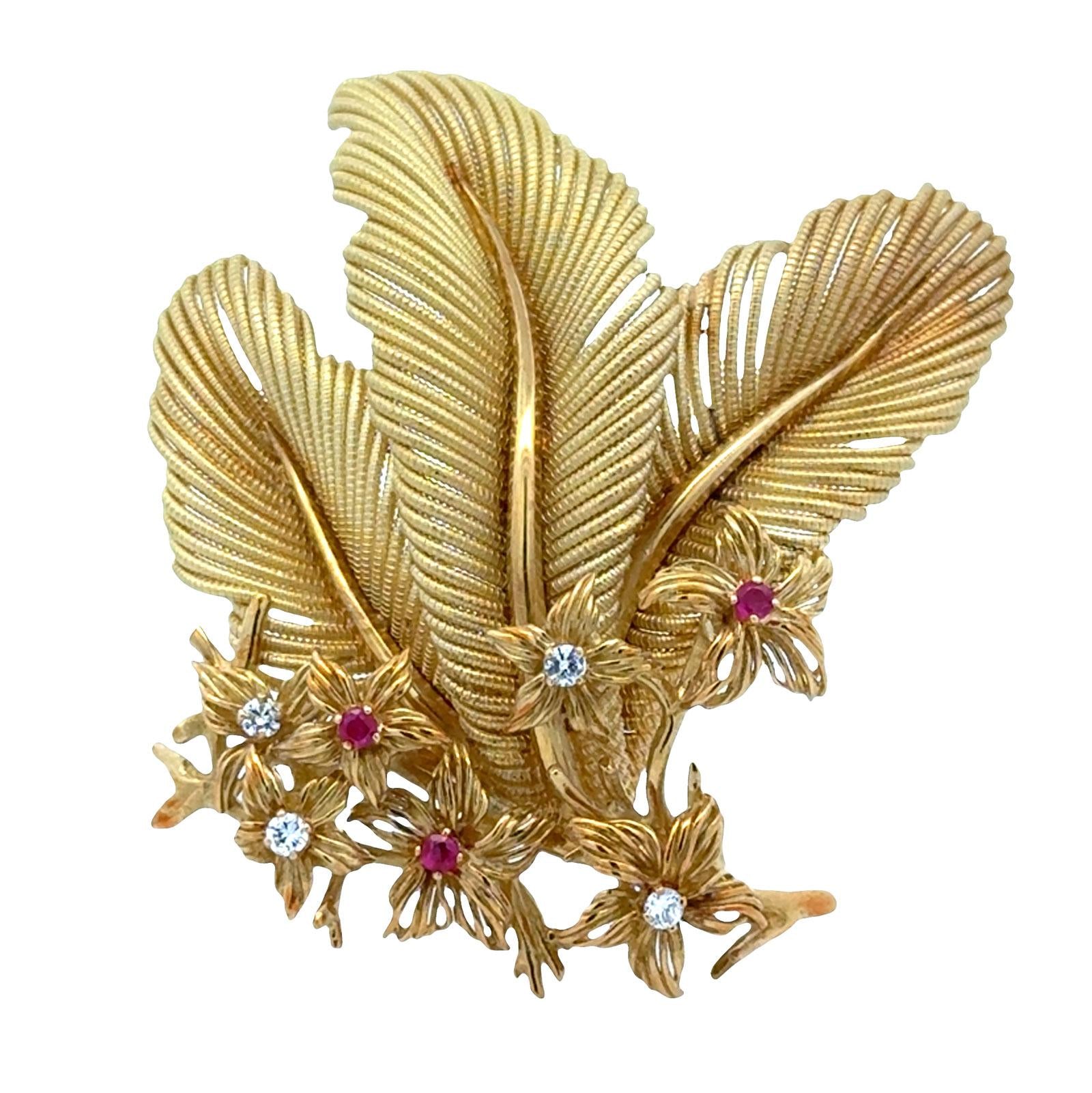 1970's Tiffany & Company Diamond Ruby Flower 18K Yellow Gold Vintage Brooch Pin