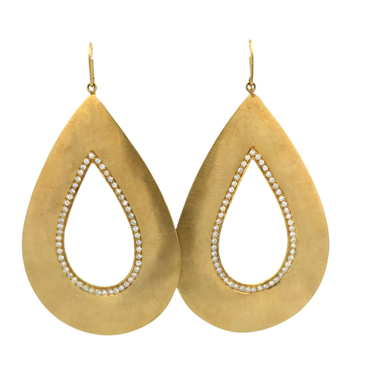 Diamond Dangle 18 Karat Brushed Yellow Gold Pear Shape Modern Drop Earrings