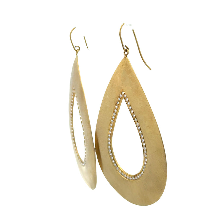 Diamond Dangle 18 Karat Brushed Yellow Gold Pear Shape Modern Drop Earrings