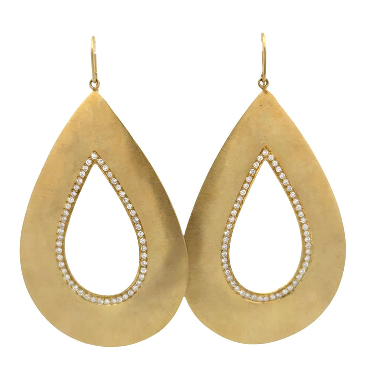 Diamond Dangle 18 Karat Brushed Yellow Gold Pear Shape Modern Drop Earrings