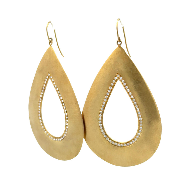 Diamond Dangle 18 Karat Brushed Yellow Gold Pear Shape Modern Drop Earrings