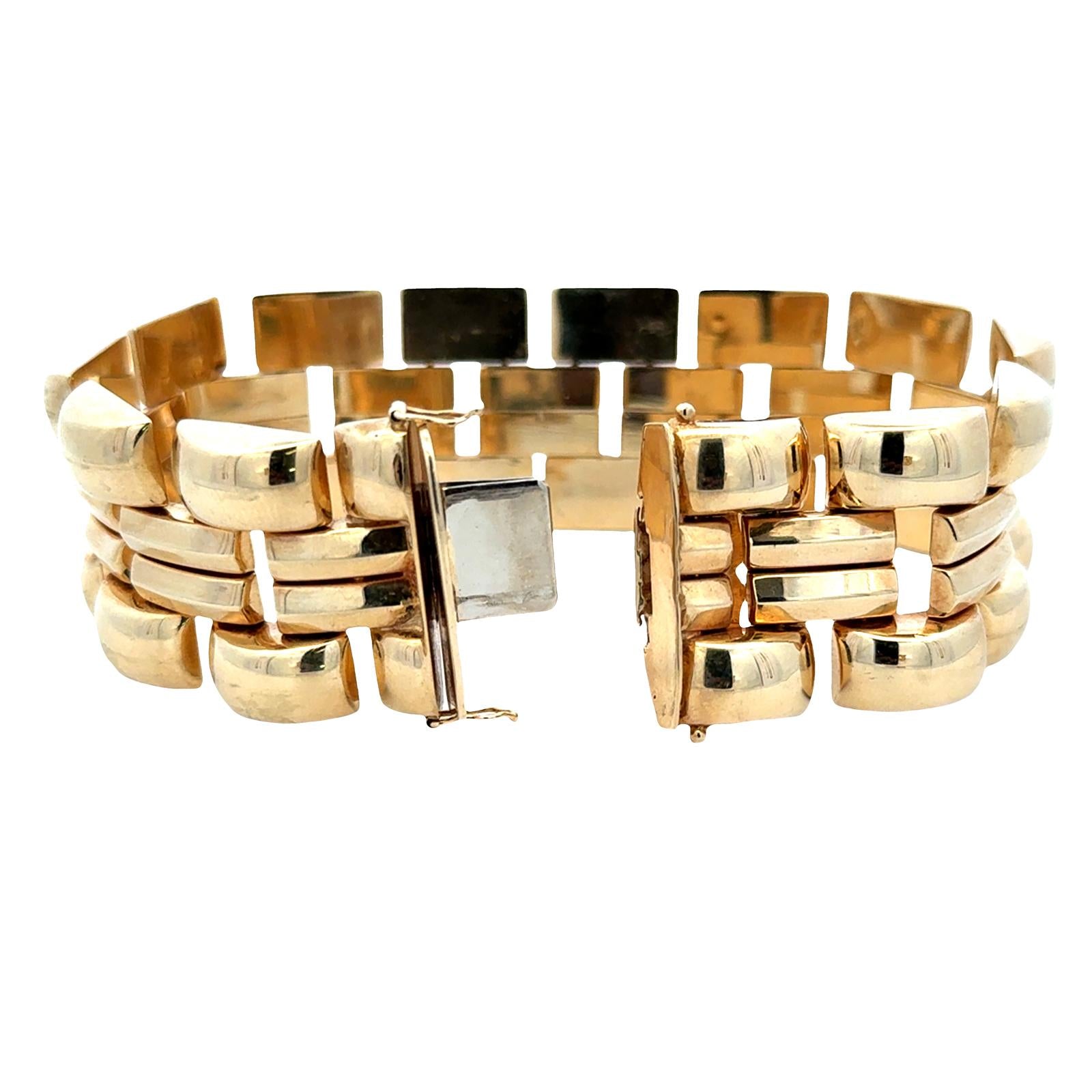 Late 20th Century Italian Ribbed 14 Karat Yellow Gold Link Vintage Bracelet