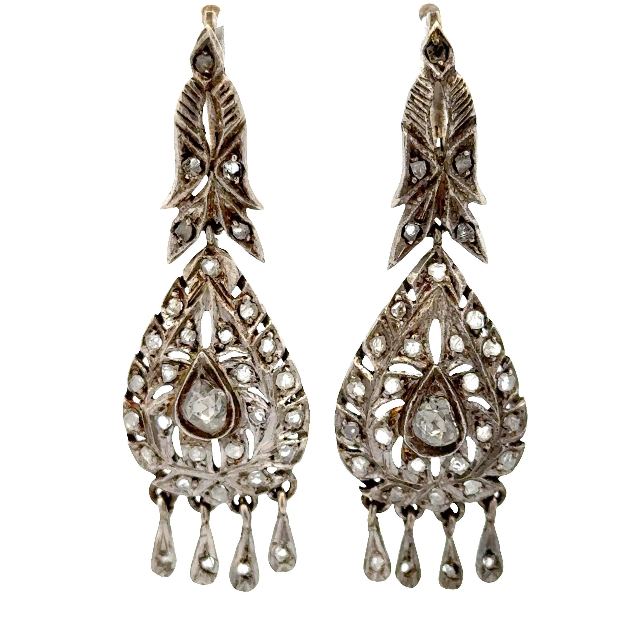 Rose Cut Diamond Silver Dangle Drop Vintage Earrings