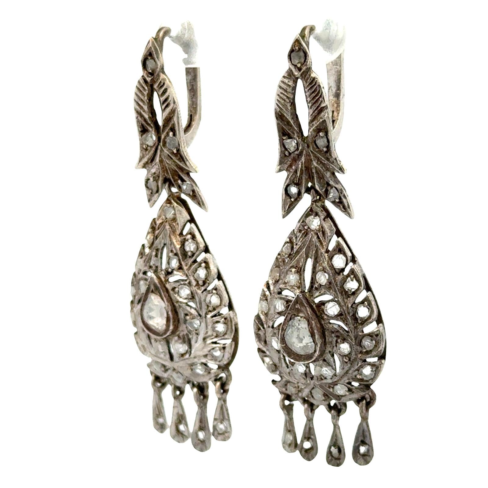 Rose Cut Diamond Silver Dangle Drop Vintage Earrings