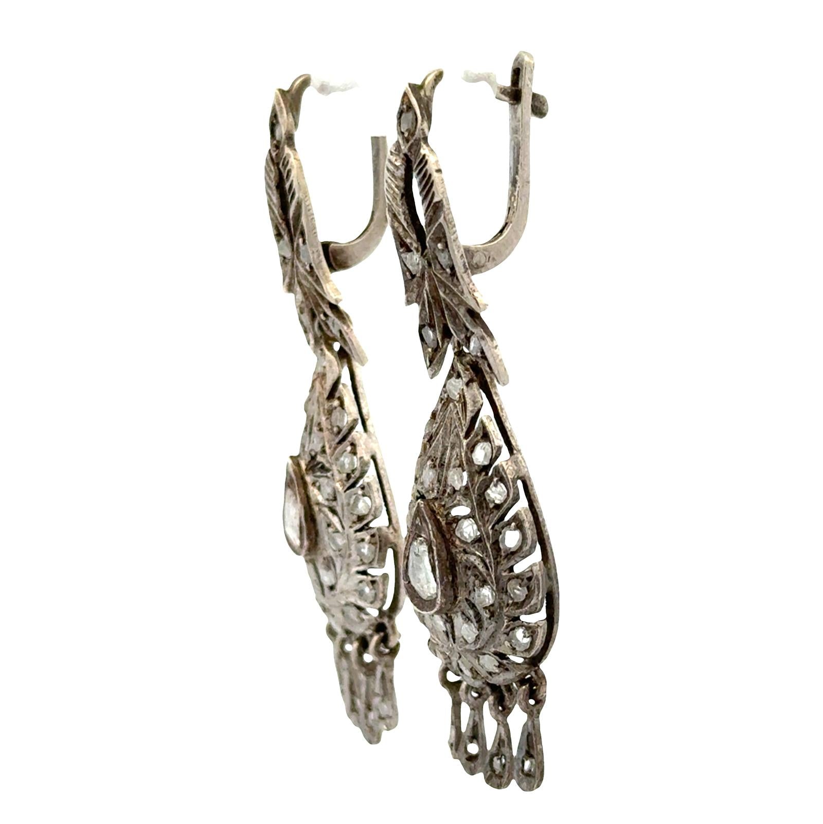 Rose Cut Diamond Silver Dangle Drop Vintage Earrings