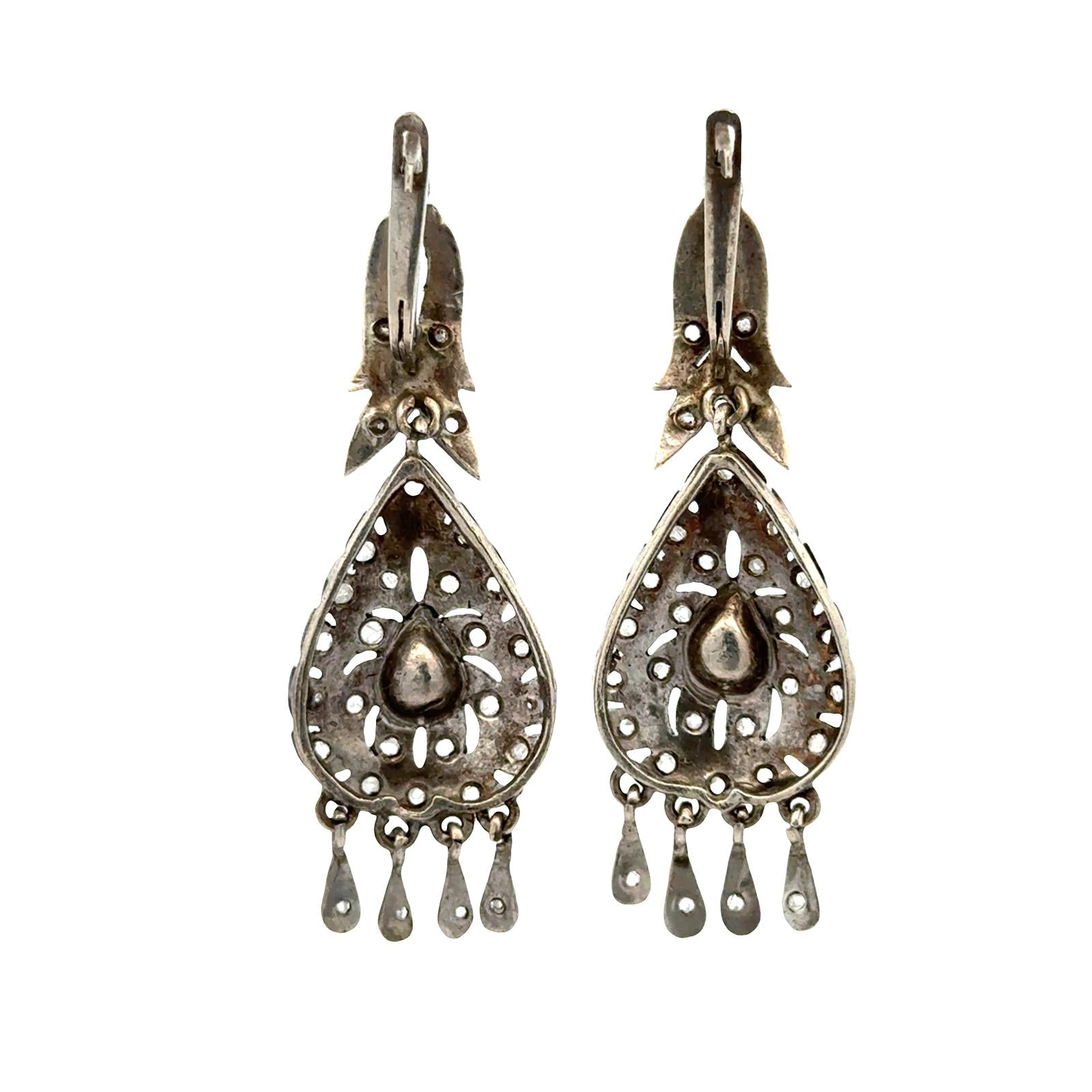 Rose Cut Diamond Silver Dangle Drop Vintage Earrings