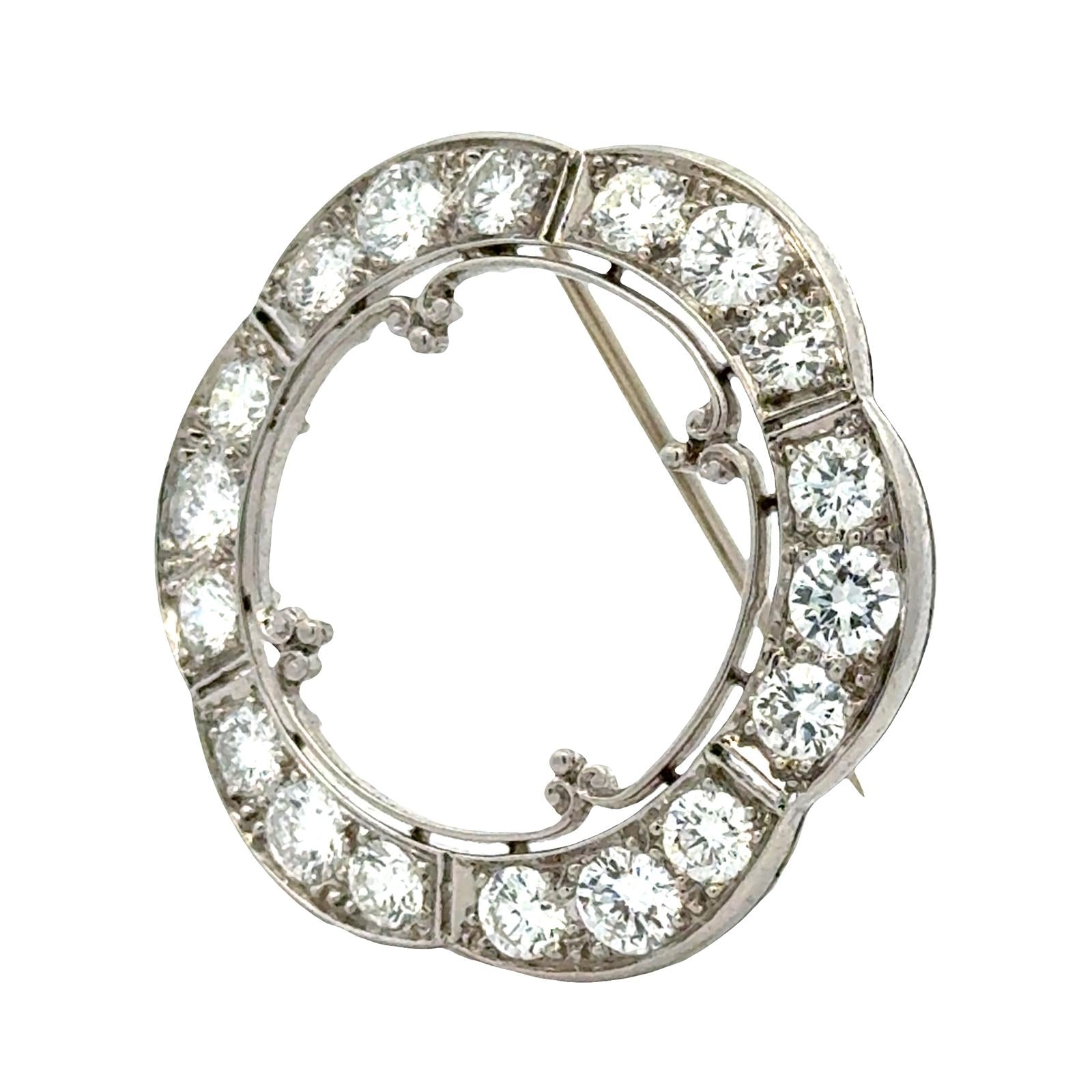 1950's Scalloped Round Brilliant Cut Diamond Platinum Circle Brooch