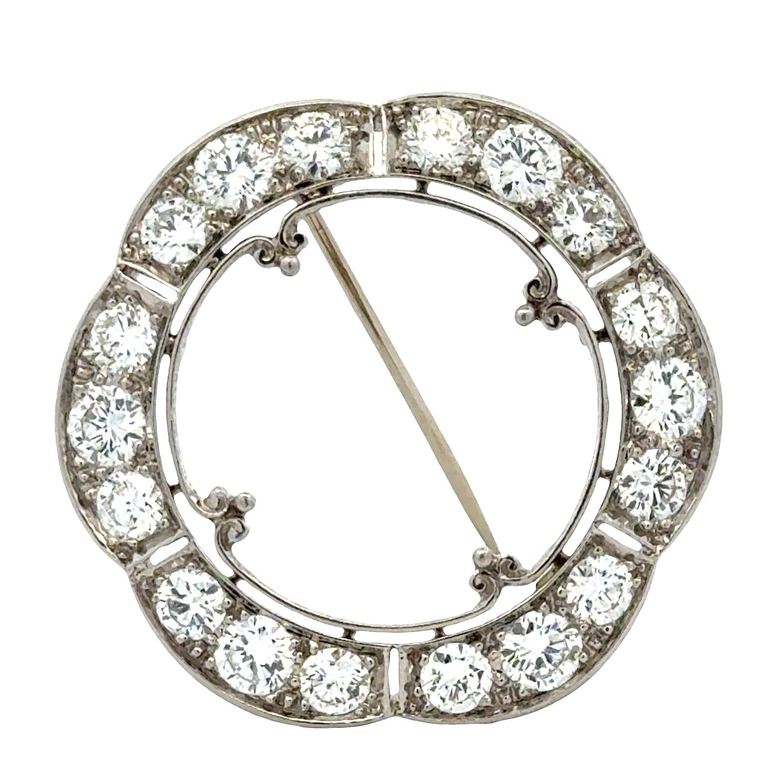 1950's Scalloped Round Brilliant Cut Diamond Platinum Circle Brooch