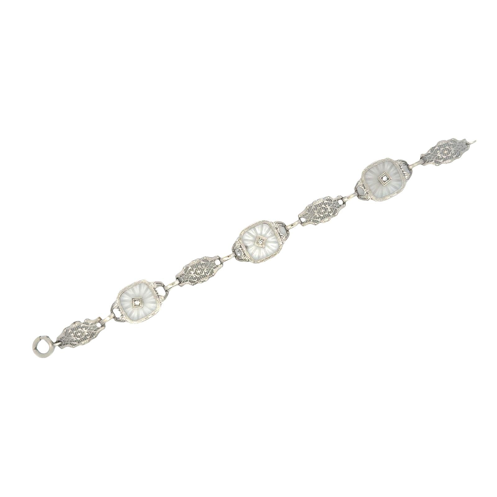 Mid-20th Century Carved Rock Crystal Diamond Platinum Link Bracelet