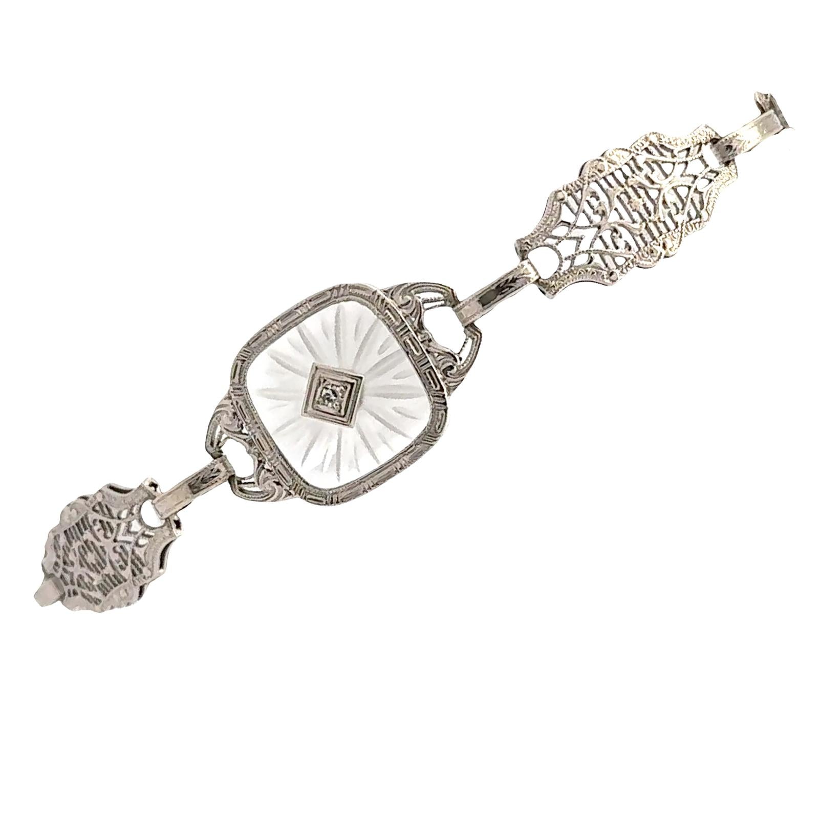 Mid-20th Century Carved Rock Crystal Diamond Platinum Link Bracelet