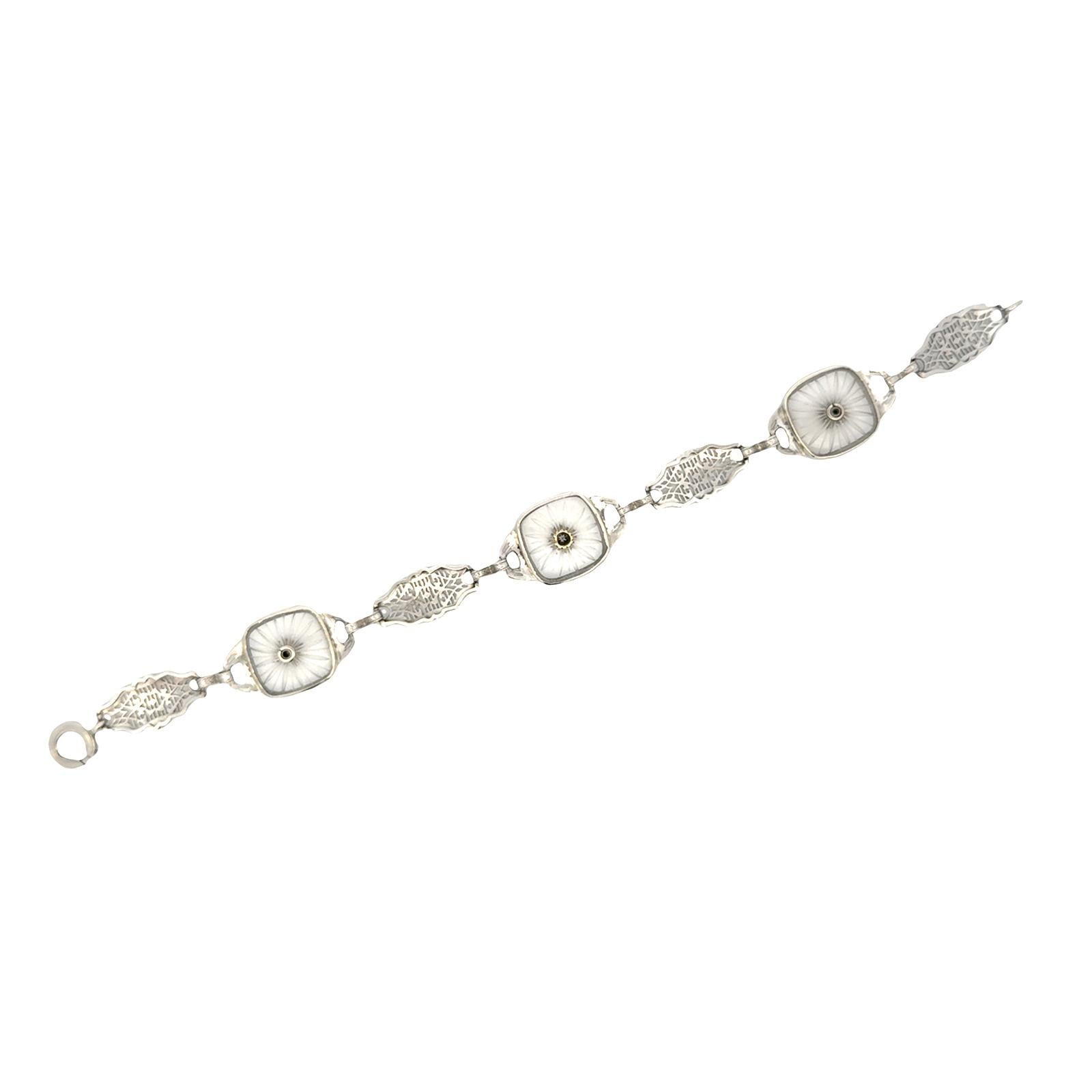 Mid-20th Century Carved Rock Crystal Diamond Platinum Link Bracelet