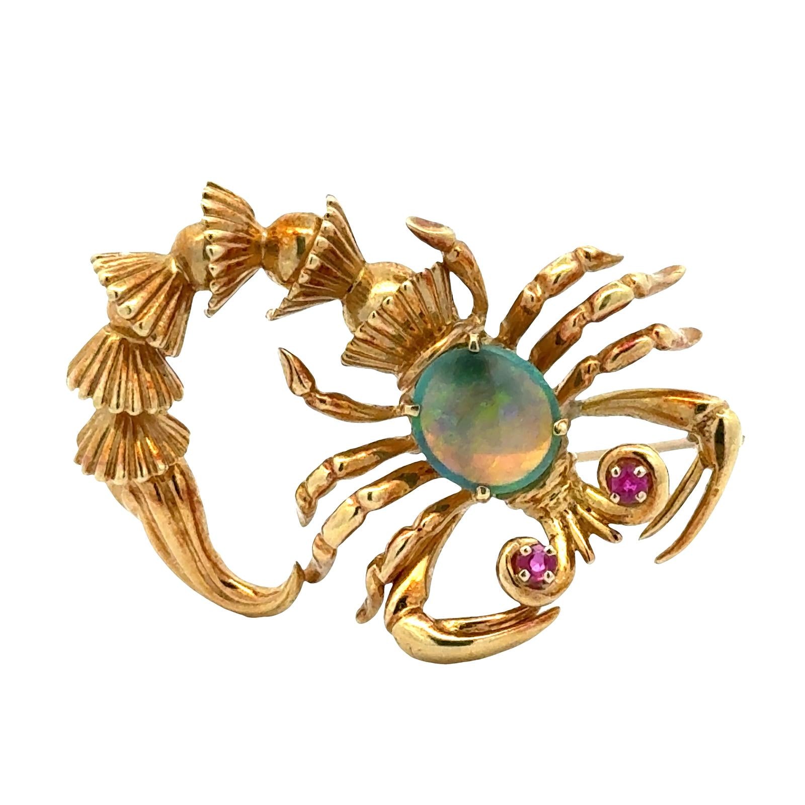 1970's Scorpion Opal Ruby Accent 18 Karat Yellow Gold Vintage Brooch