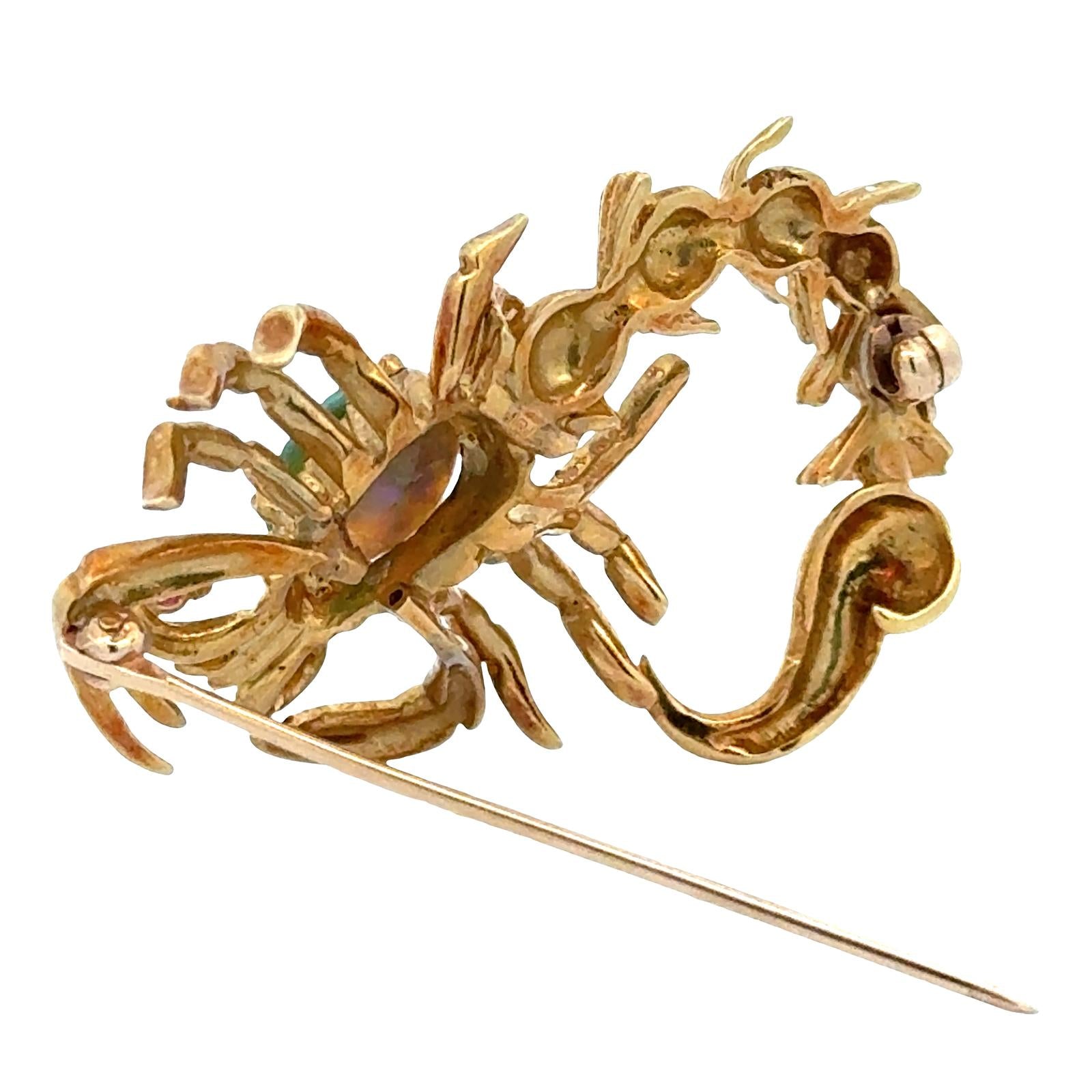 1970's Scorpion Opal Ruby Accent 18 Karat Yellow Gold Vintage Brooch