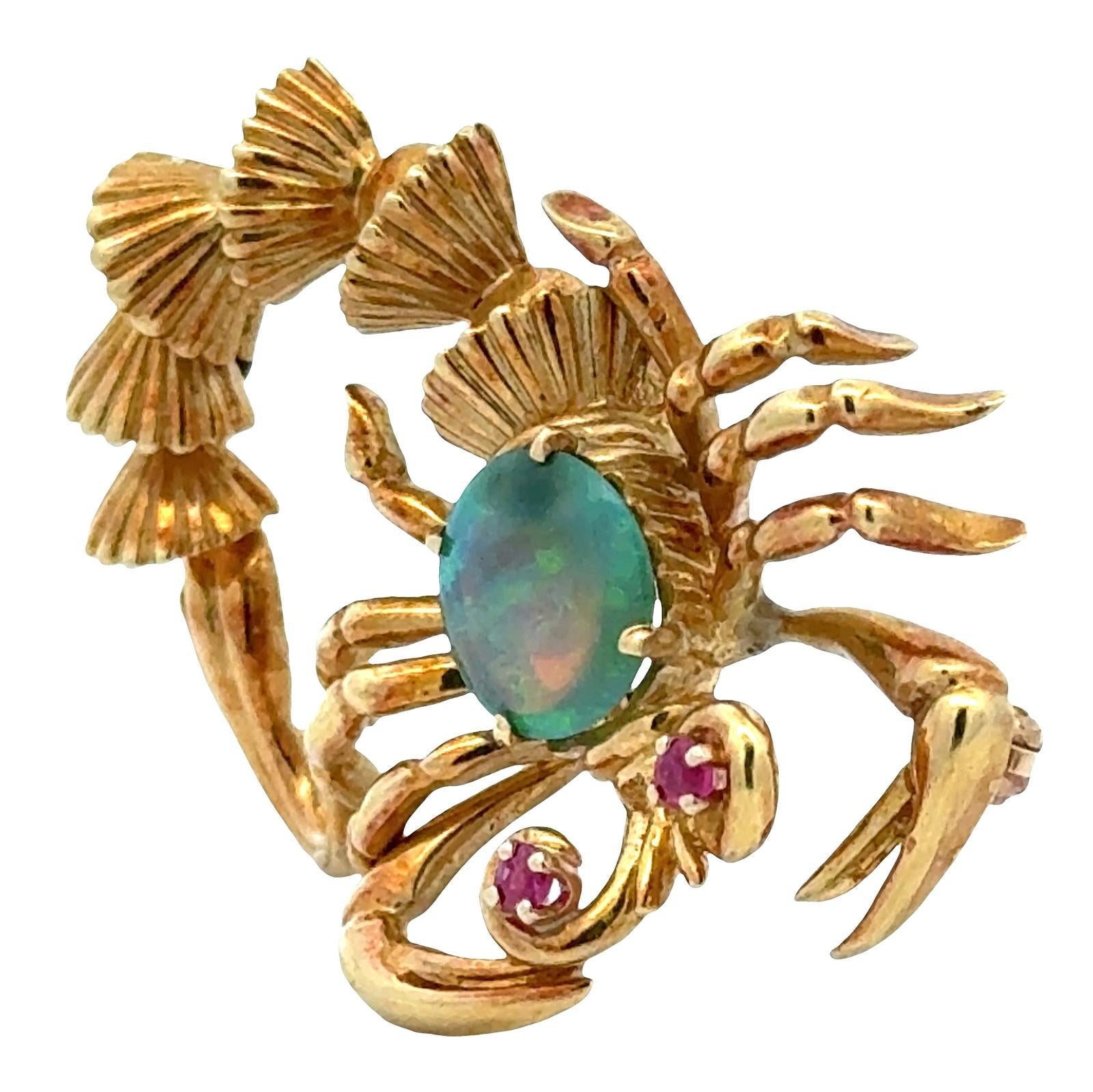 1970's Scorpion Opal Ruby Accent 18 Karat Yellow Gold Vintage Brooch