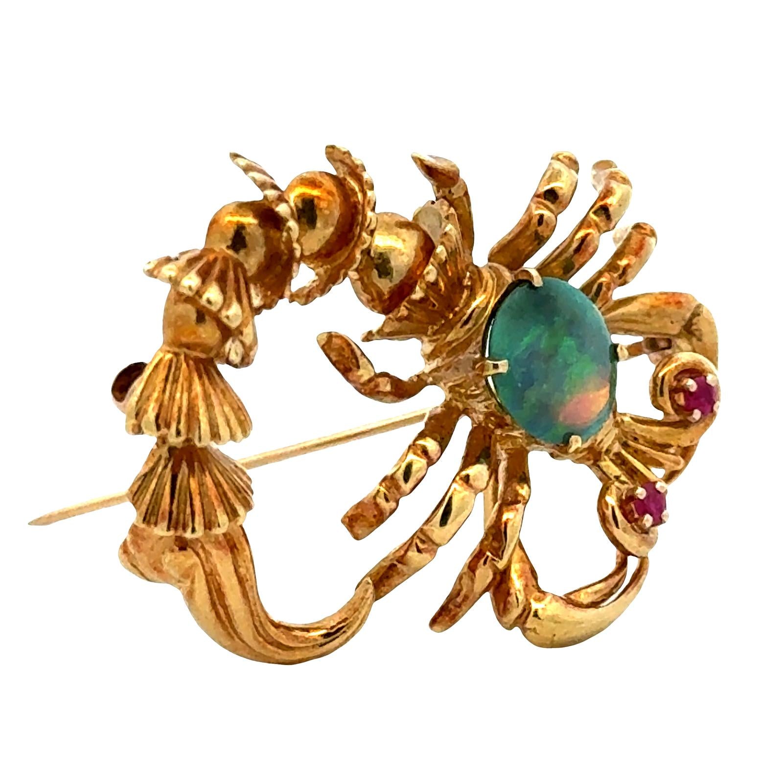 1970's Scorpion Opal Ruby Accent 18 Karat Yellow Gold Vintage Brooch