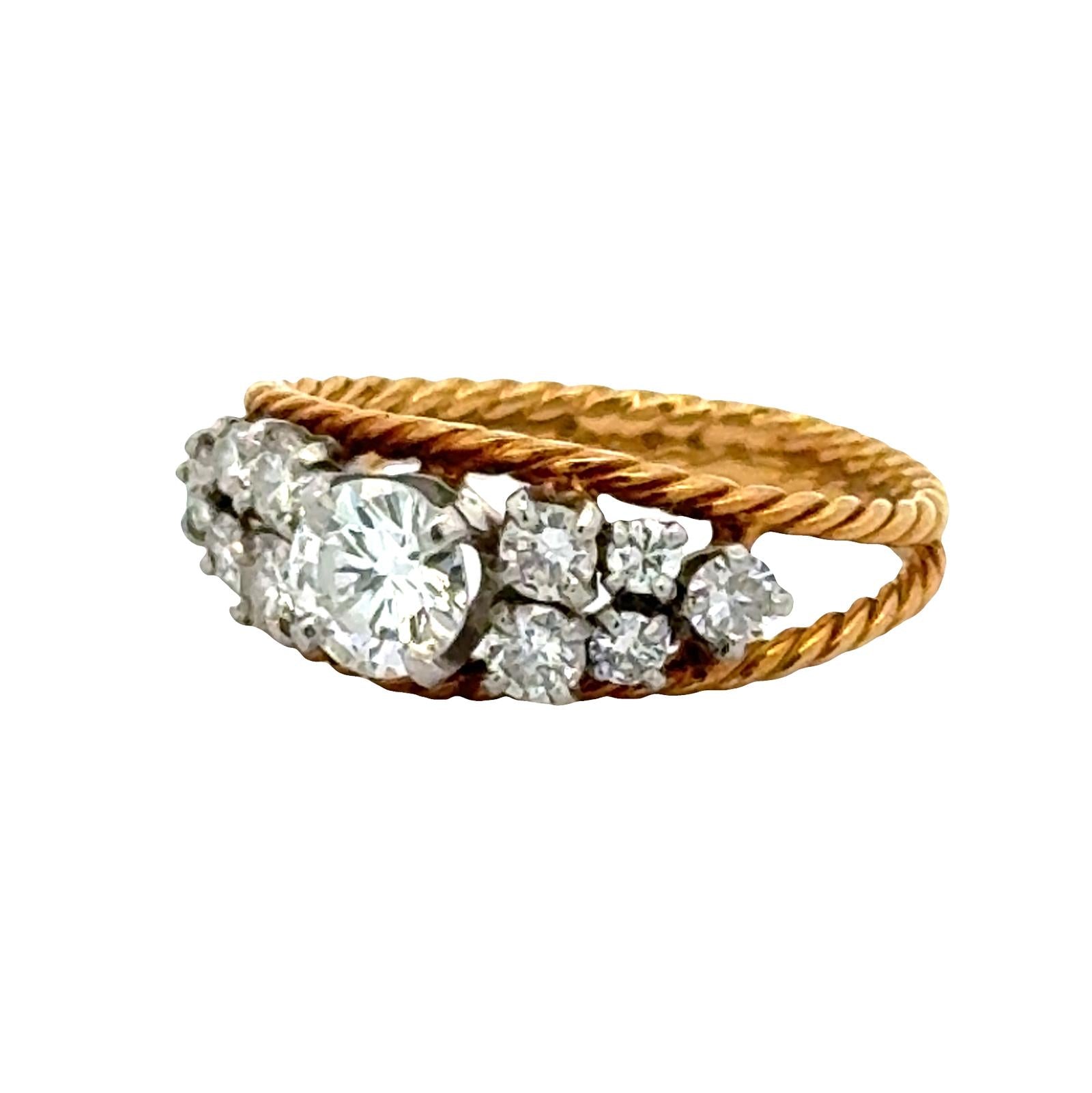 Diamond Two Tone 18 Karat Gold Twisted Cable Design Vintage Bang Ring