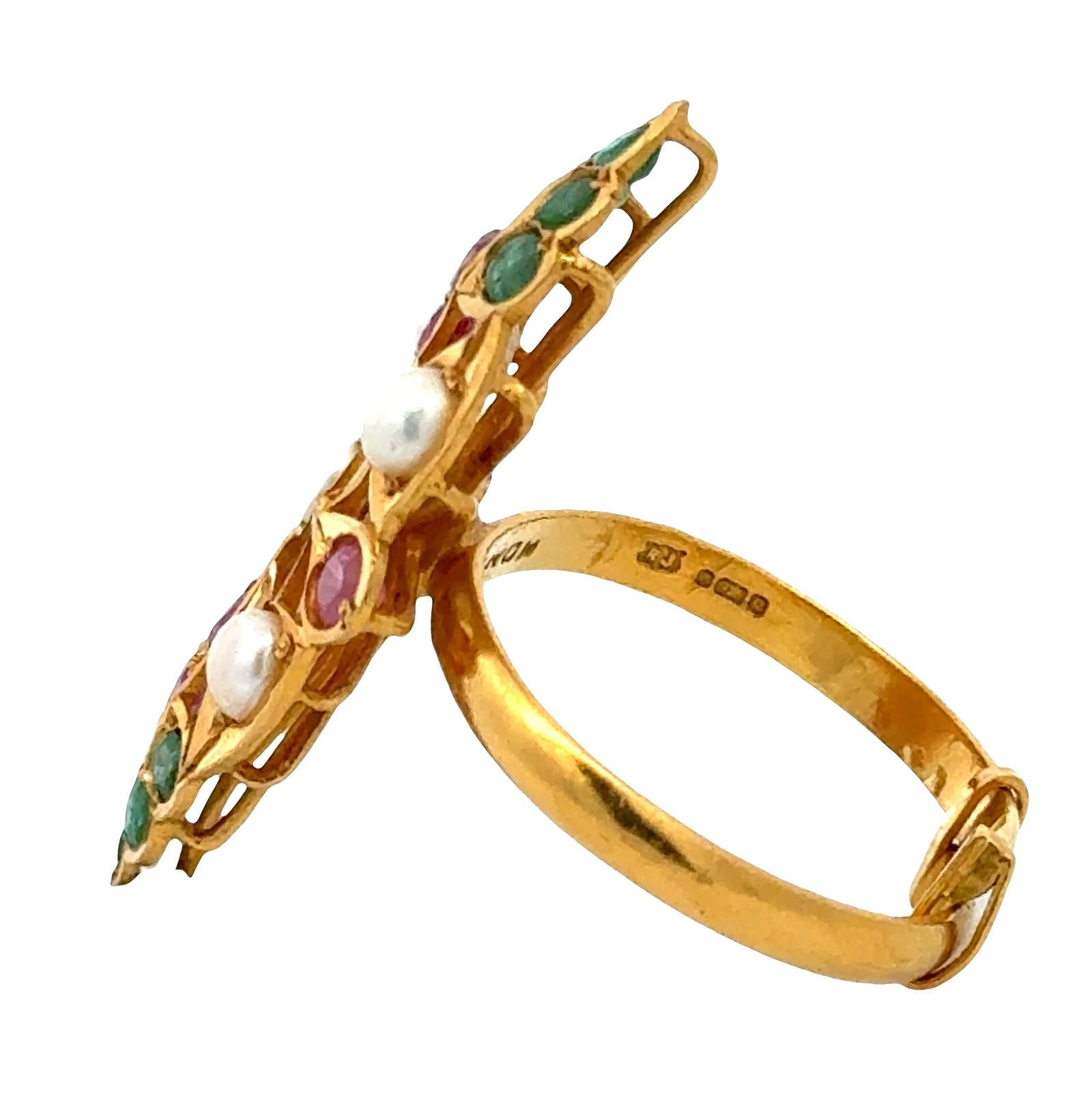 22 Karat Pearl Emerald Ruby Navette Style Vintage Ring