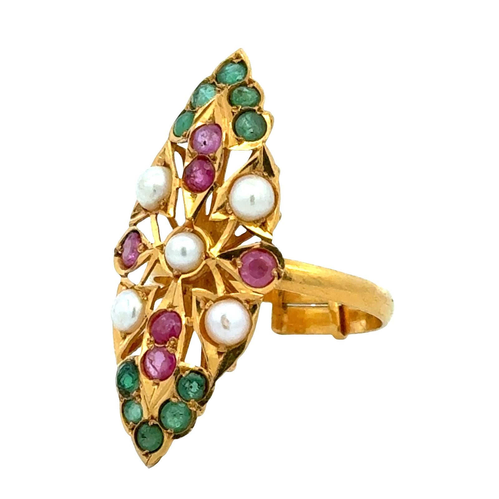 22 Karat Pearl Emerald Ruby Navette Style Vintage Ring