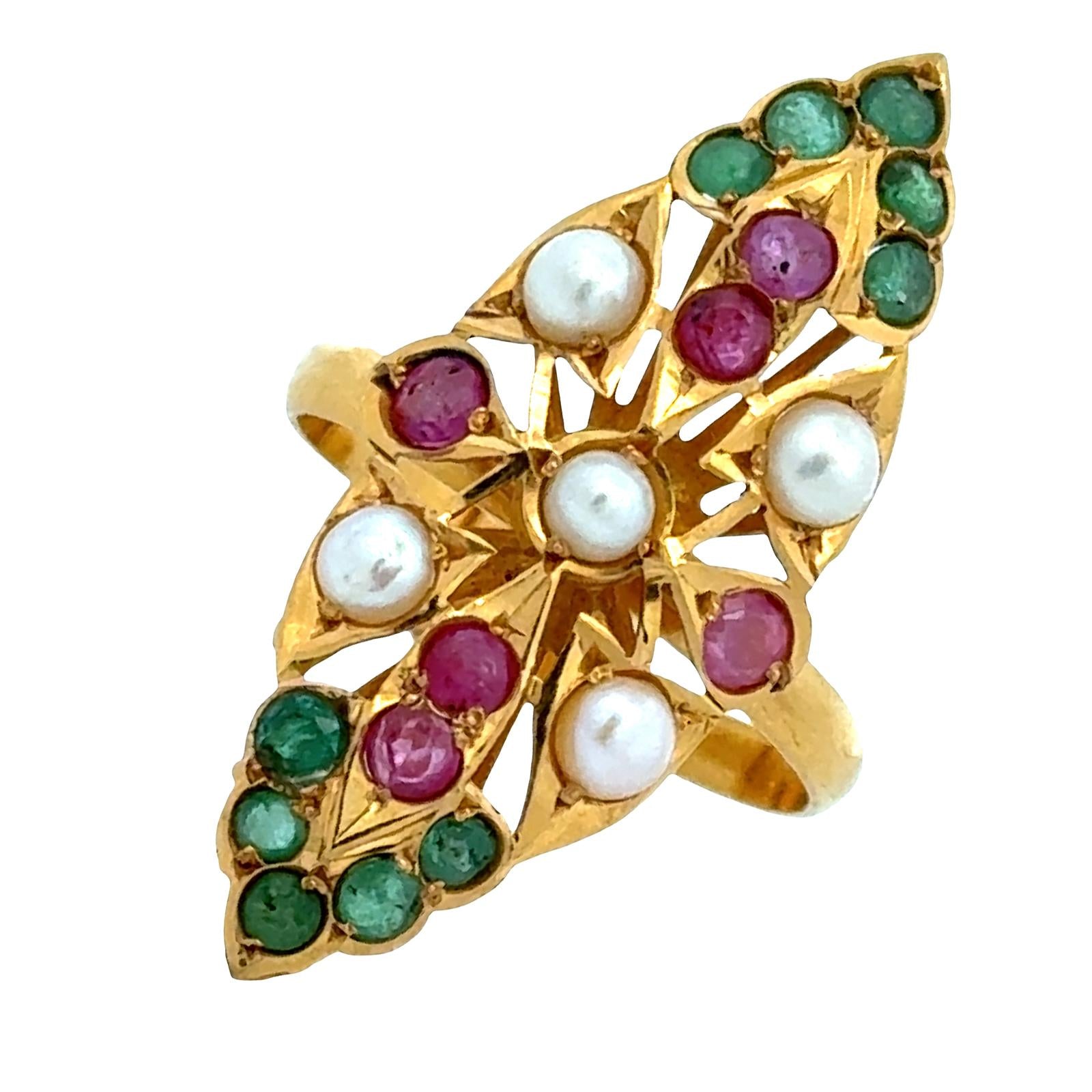 22 Karat Pearl Emerald Ruby Navette Style Vintage Ring
