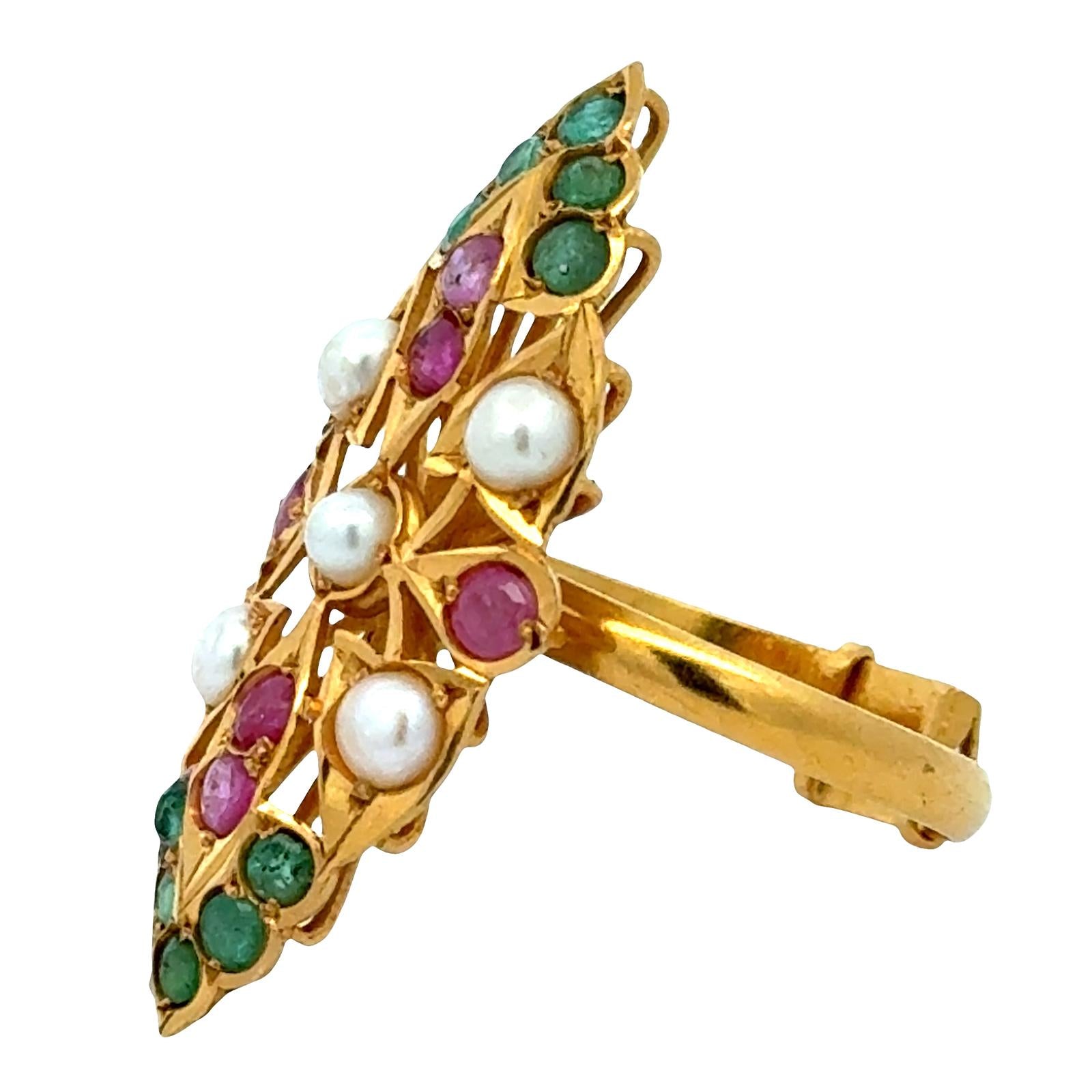 22 Karat Pearl Emerald Ruby Navette Style Vintage Ring