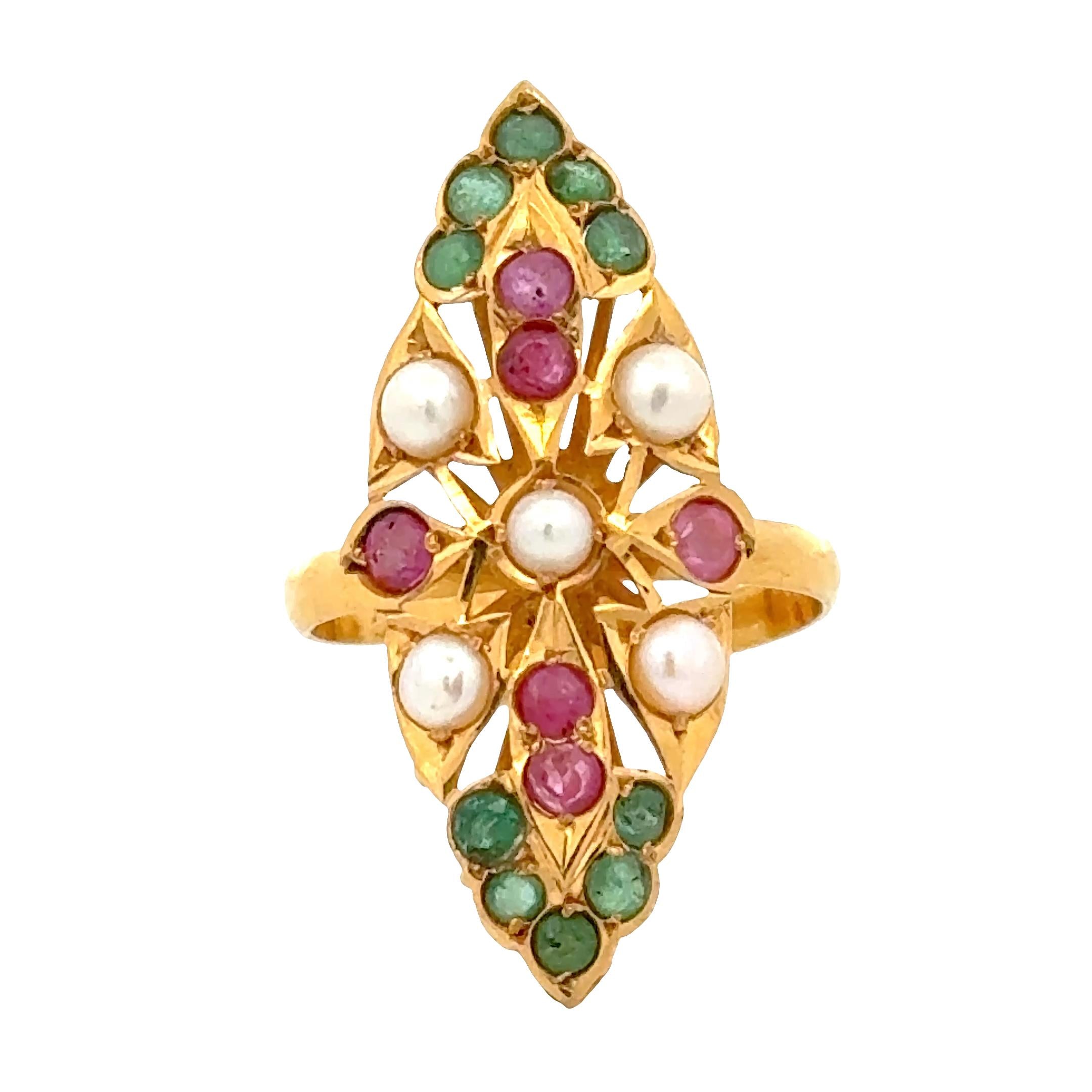 22 Karat Pearl Emerald Ruby Navette Style Vintage Ring
