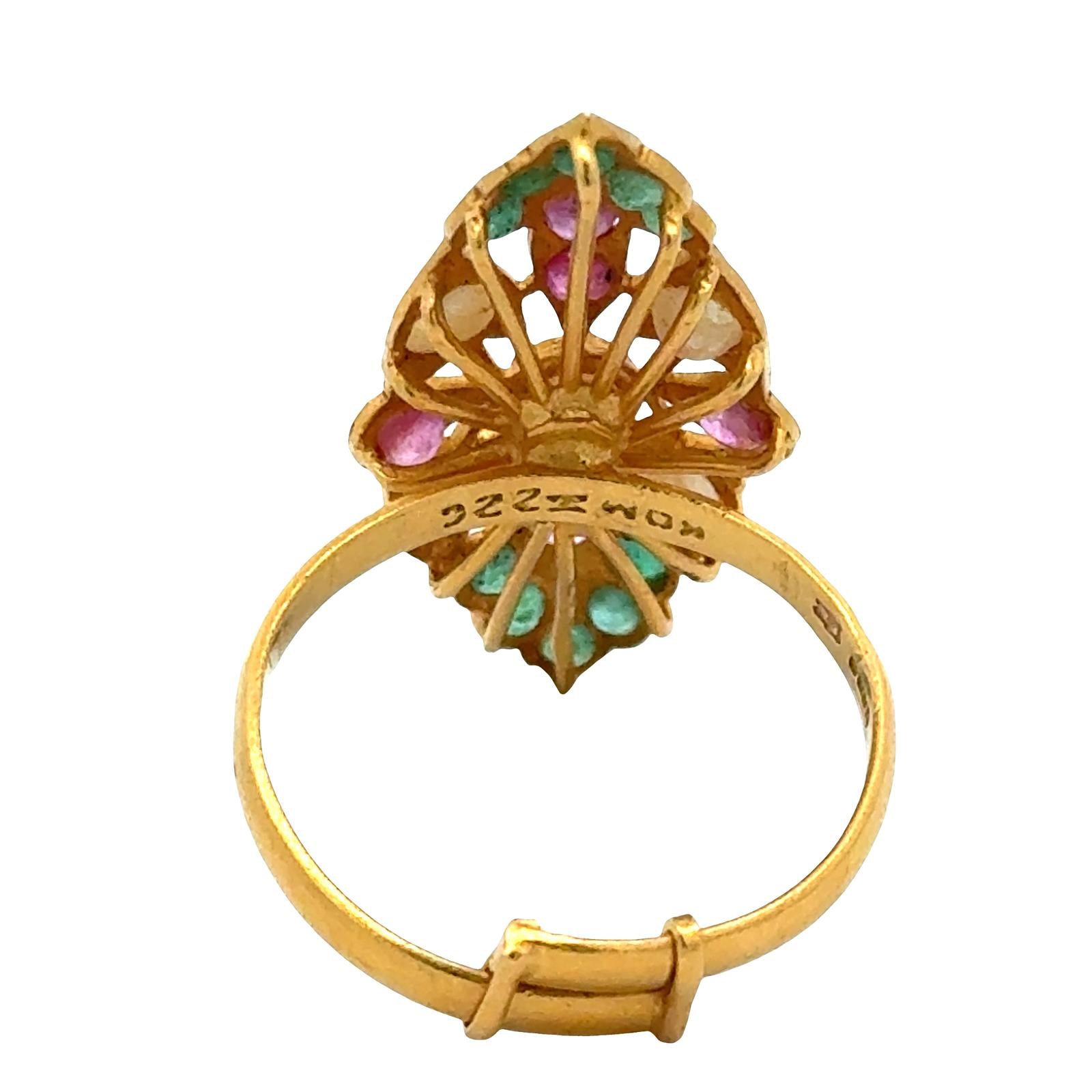 22 Karat Pearl Emerald Ruby Navette Style Vintage Ring