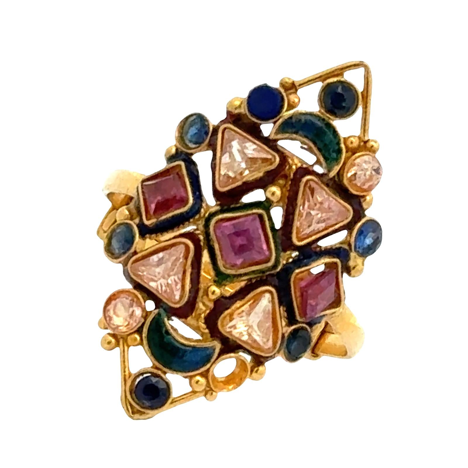 22 Karat Color Gemstone Navette Style Vintage Ring