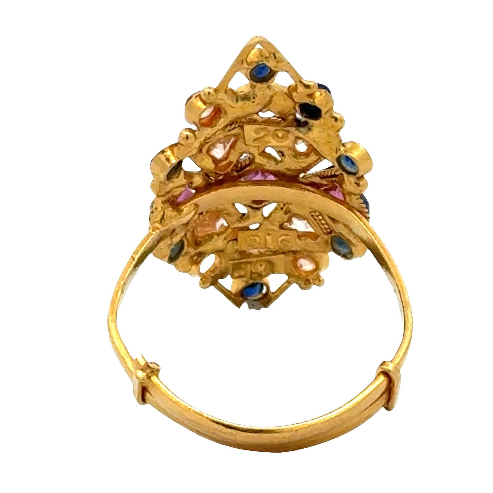 22 Karat Color Gemstone Navette Style Vintage Ring