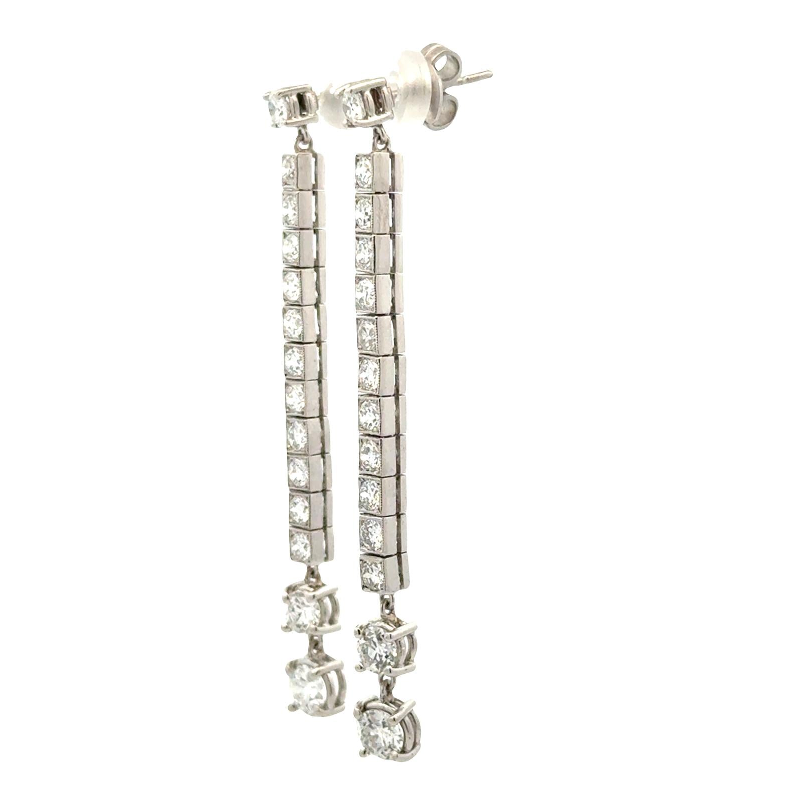 Platinum Old European Cut Diamond Line Drop Estate Vintage Earrings 4.66 CTW