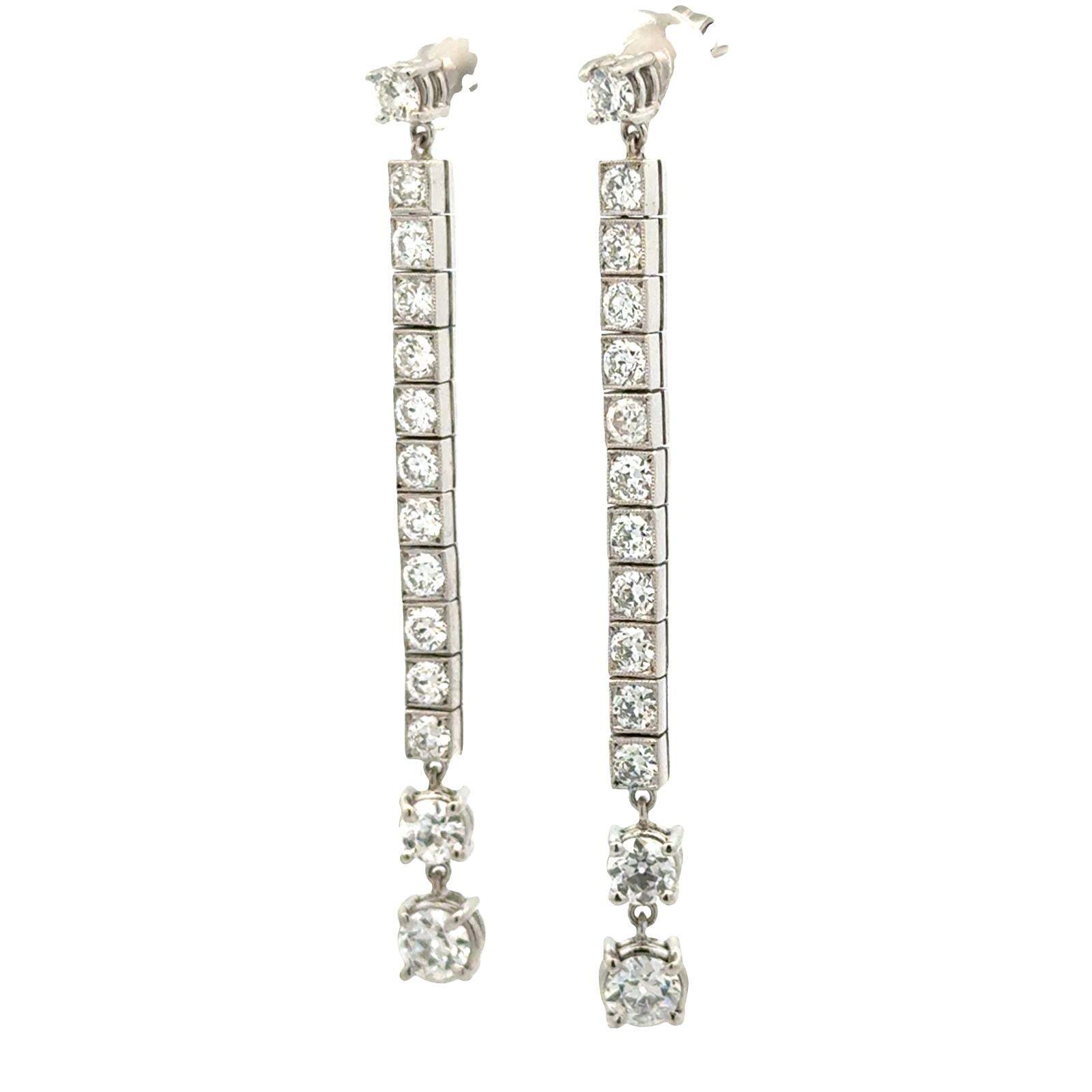 Platinum Old European Cut Diamond Line Drop Estate Vintage Earrings 4.66 CTW