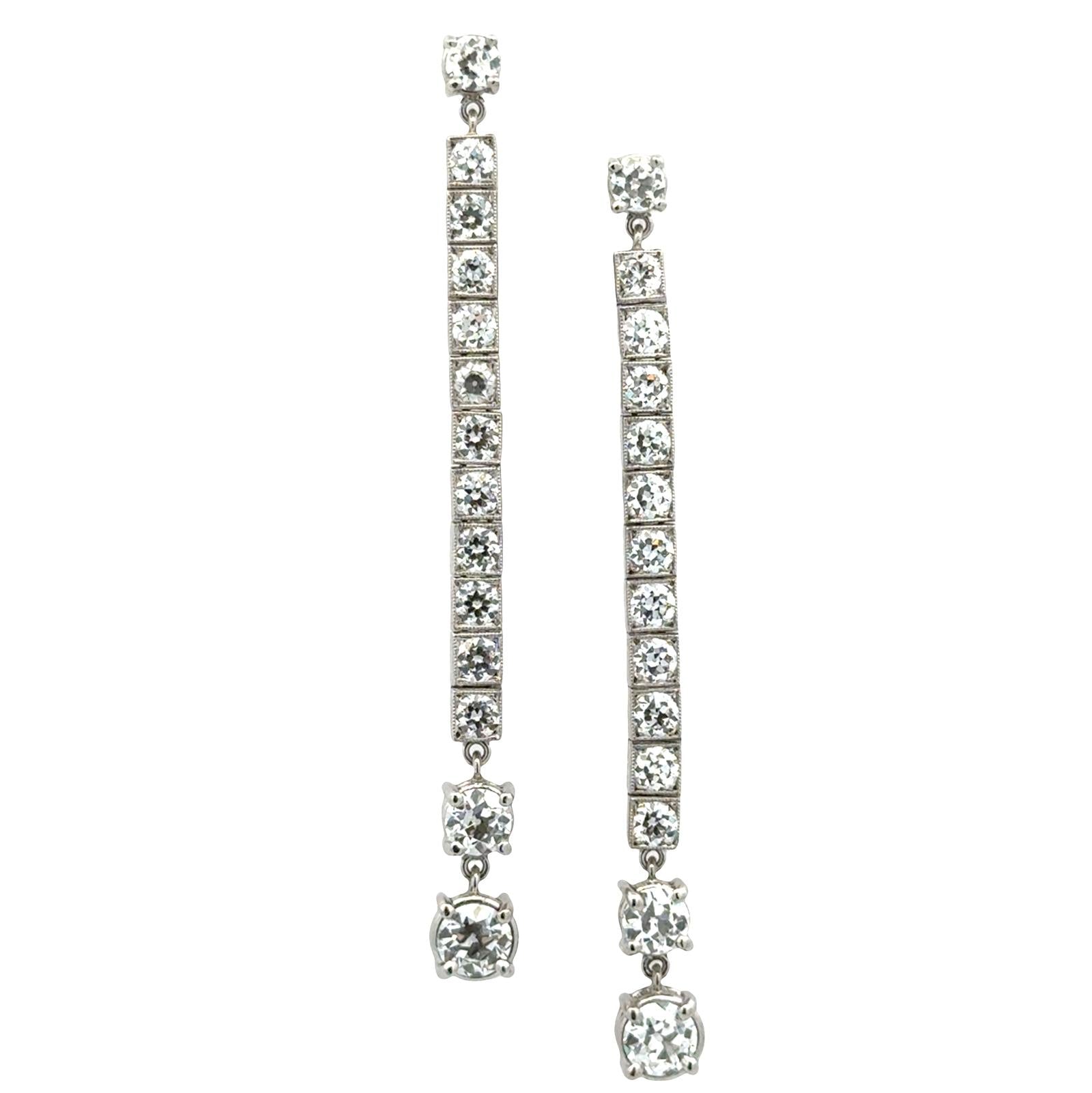 Platinum Old European Cut Diamond Line Drop Estate Vintage Earrings 4.66 CTW