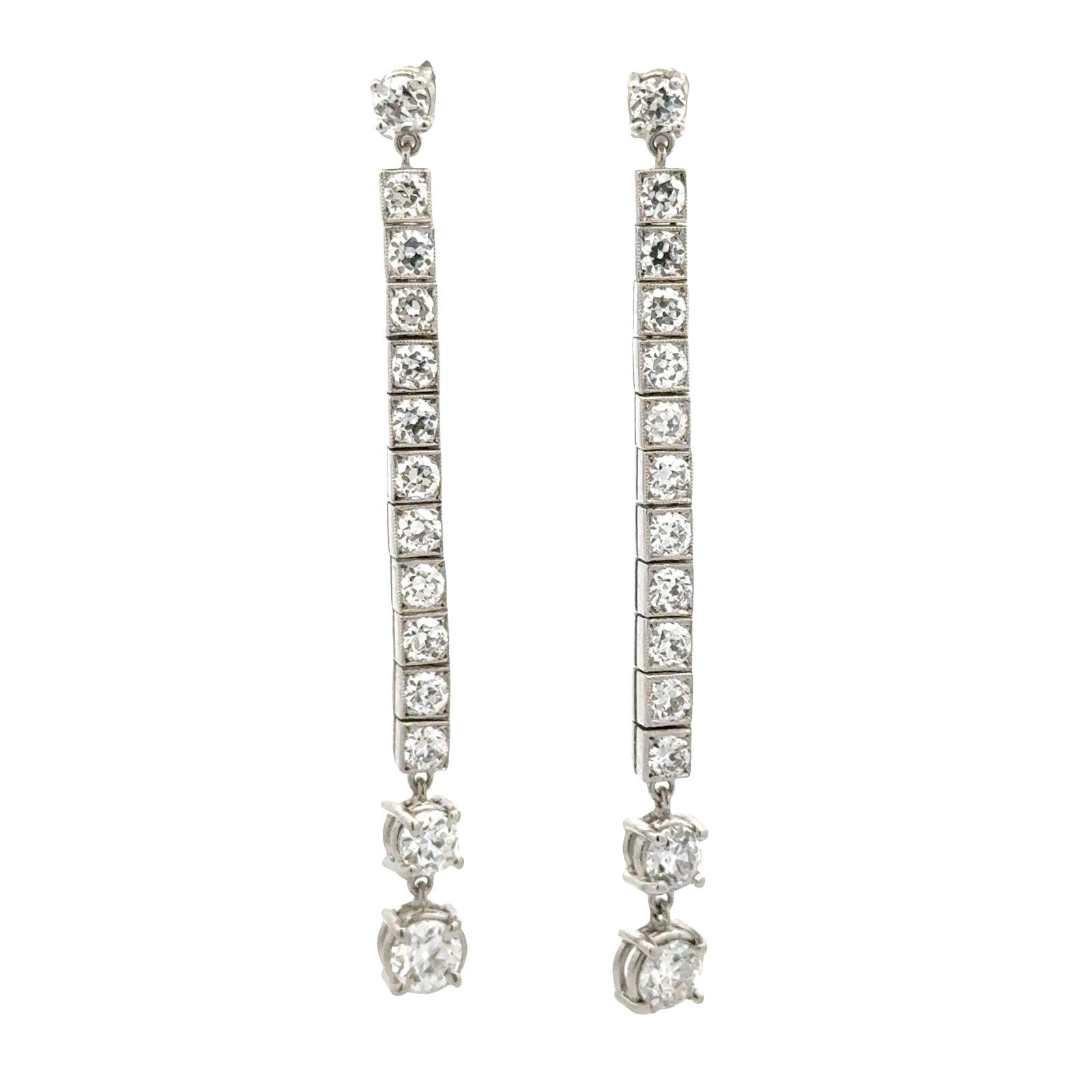 Platinum Old European Cut Diamond Line Drop Estate Vintage Earrings 4.66 CTW