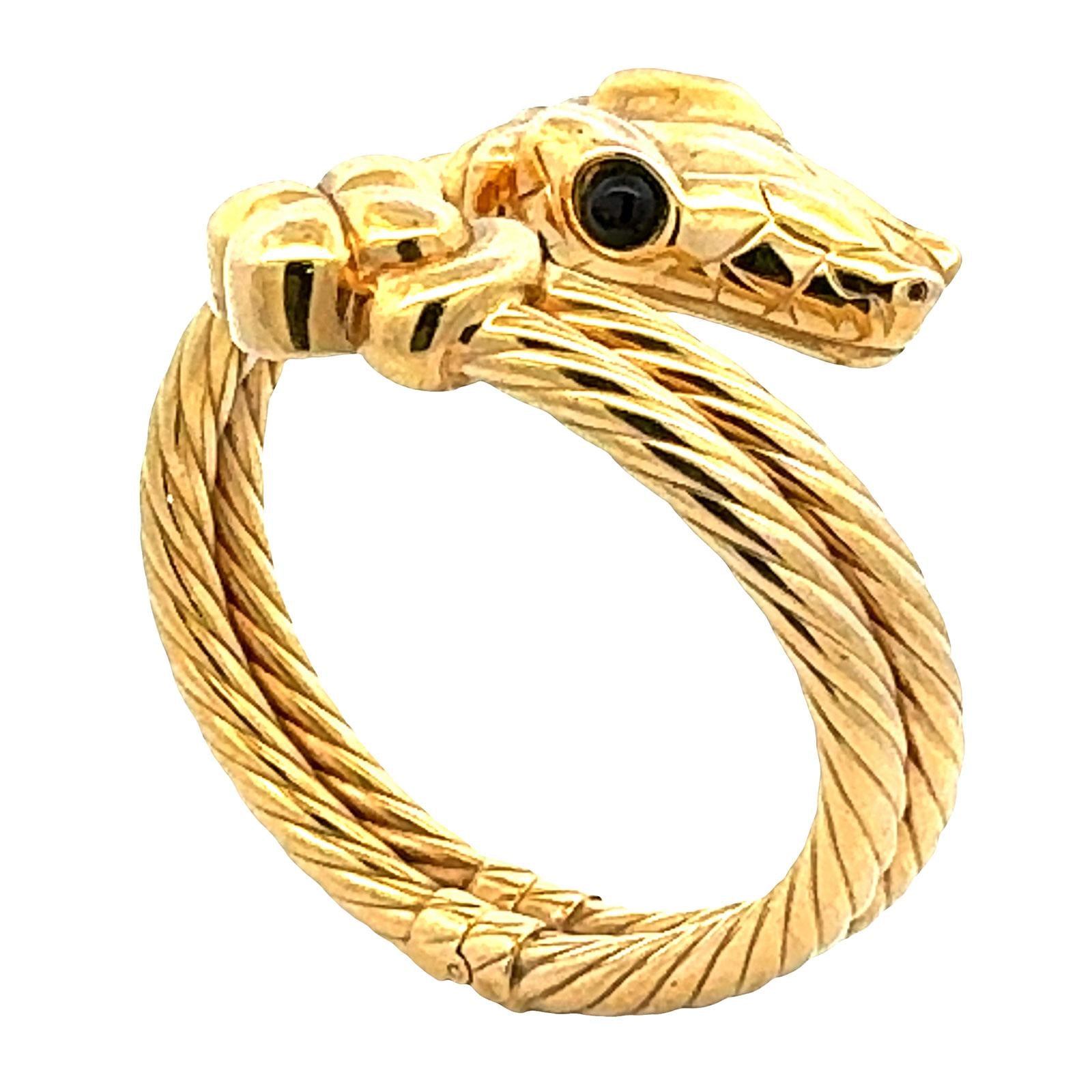 Italian Snake 14 Karat Yellow Gold Hinged Two Row Cable Vintage Bangle Bracelet