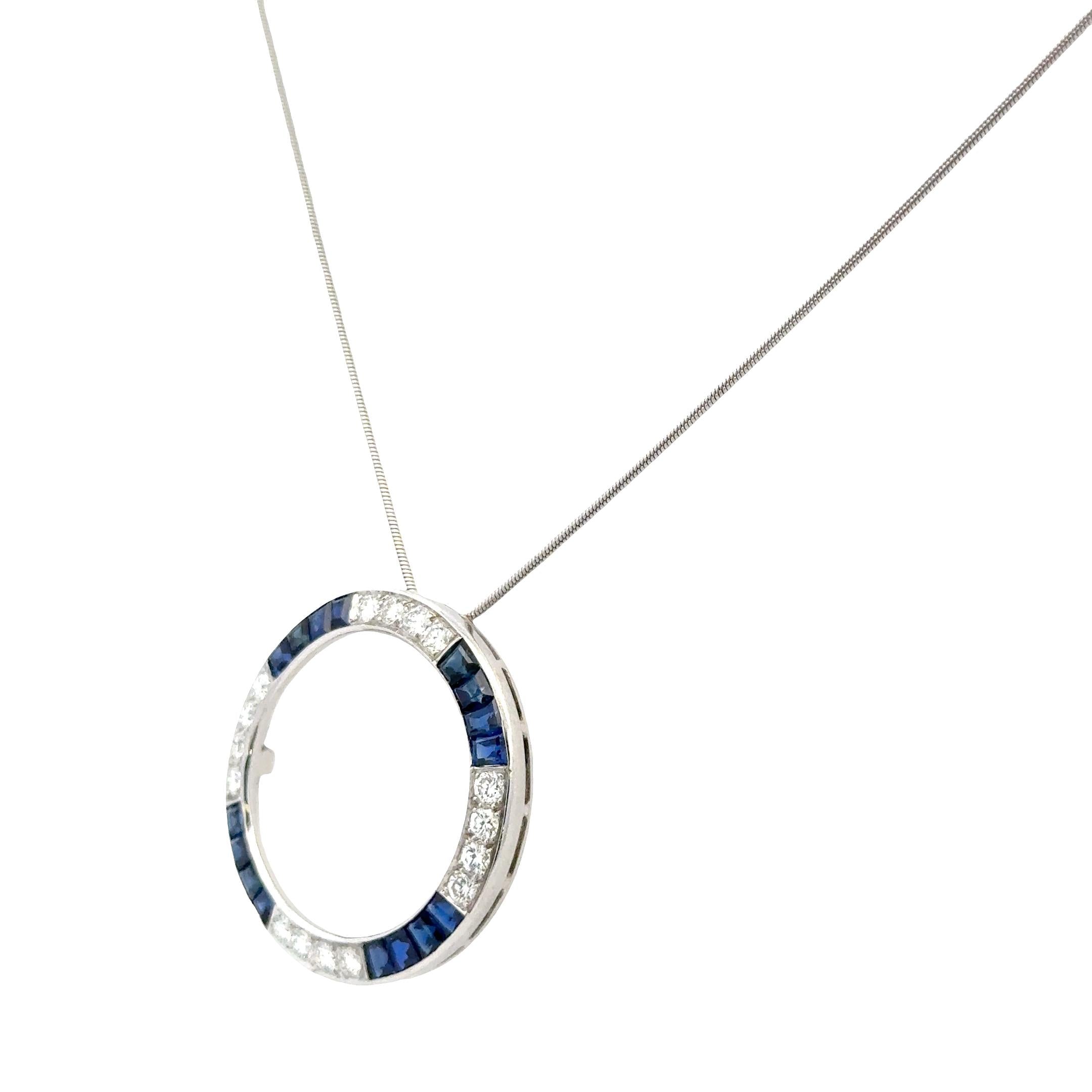 Diamond Sapphire Platinum Open Circle Vintage Pendant Necklace