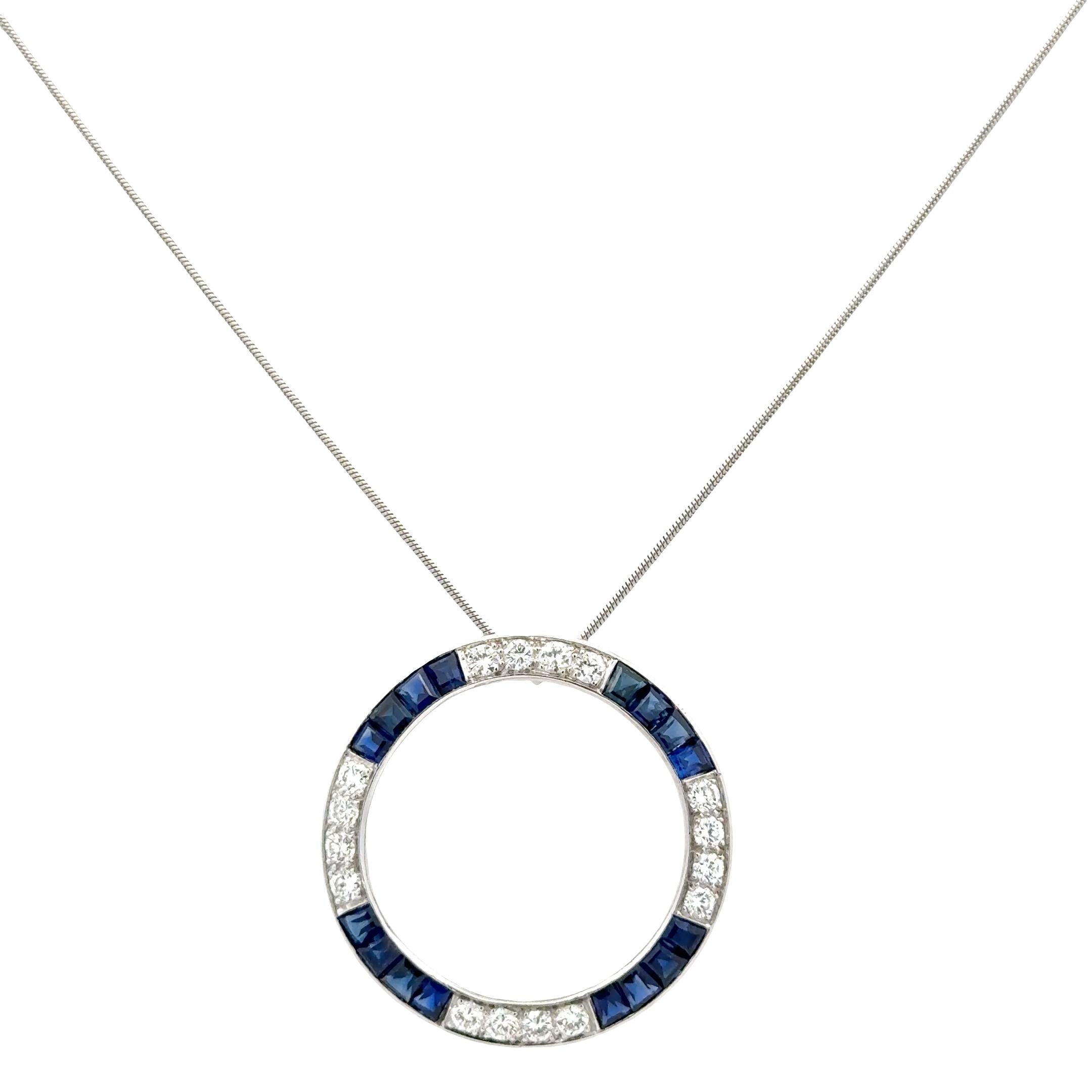 Diamond Sapphire Platinum Open Circle Vintage Pendant Necklace