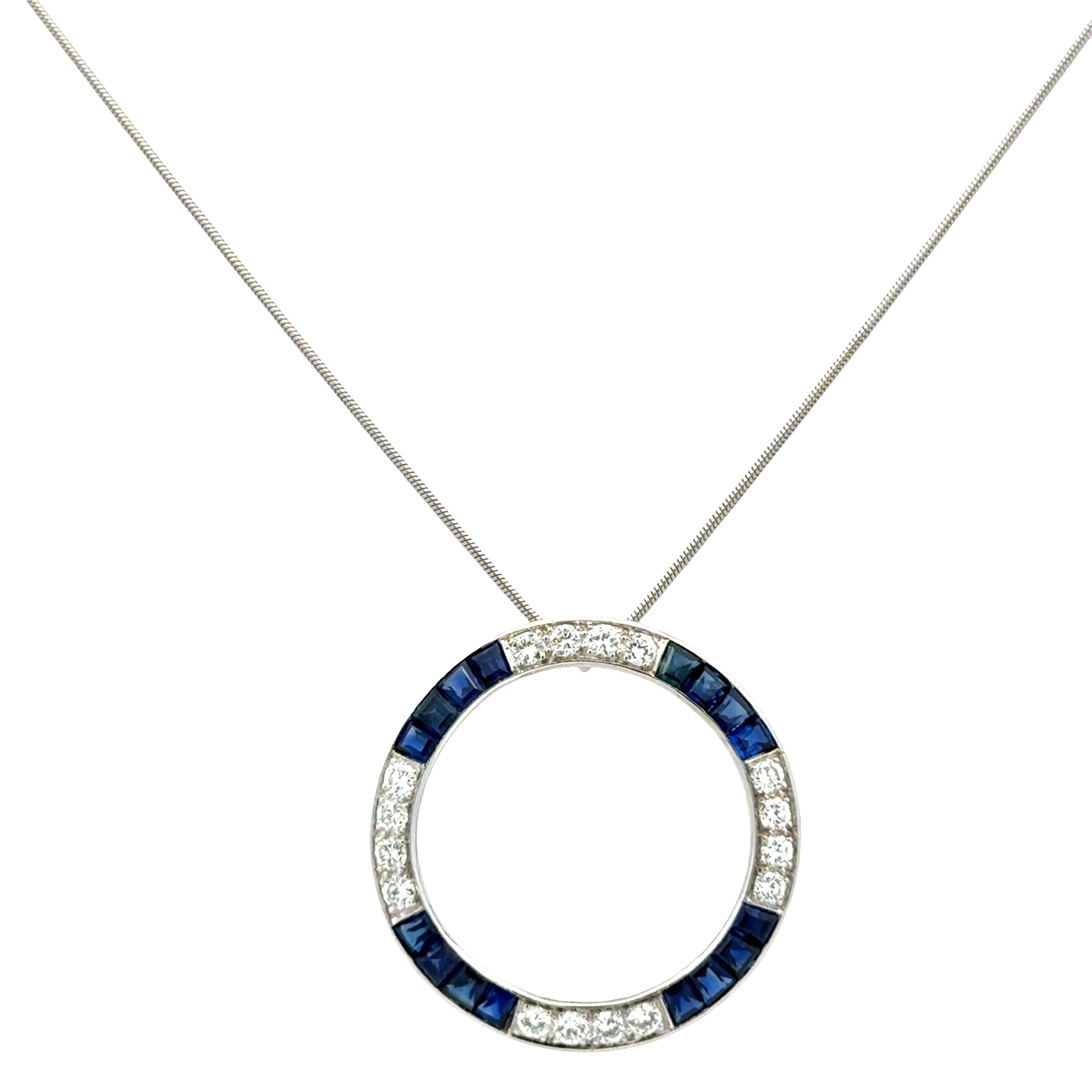 Diamond Sapphire Platinum Open Circle Vintage Pendant Necklace