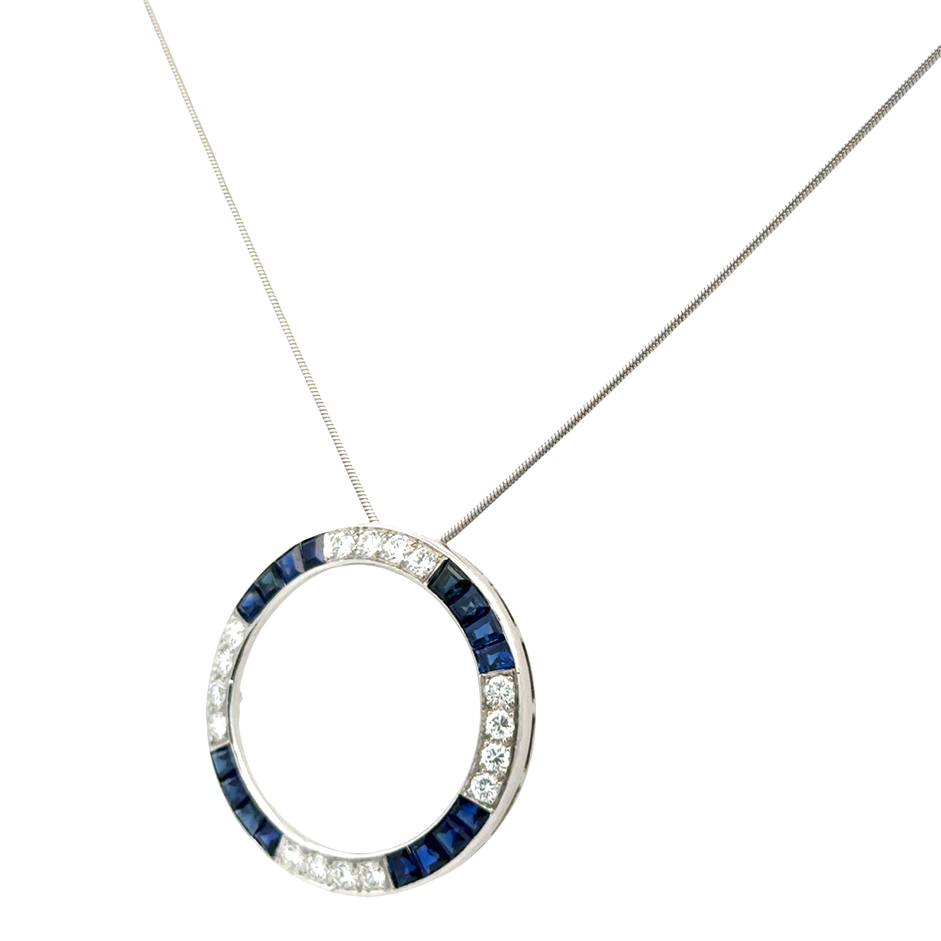 Diamond Sapphire Platinum Open Circle Vintage Pendant Necklace