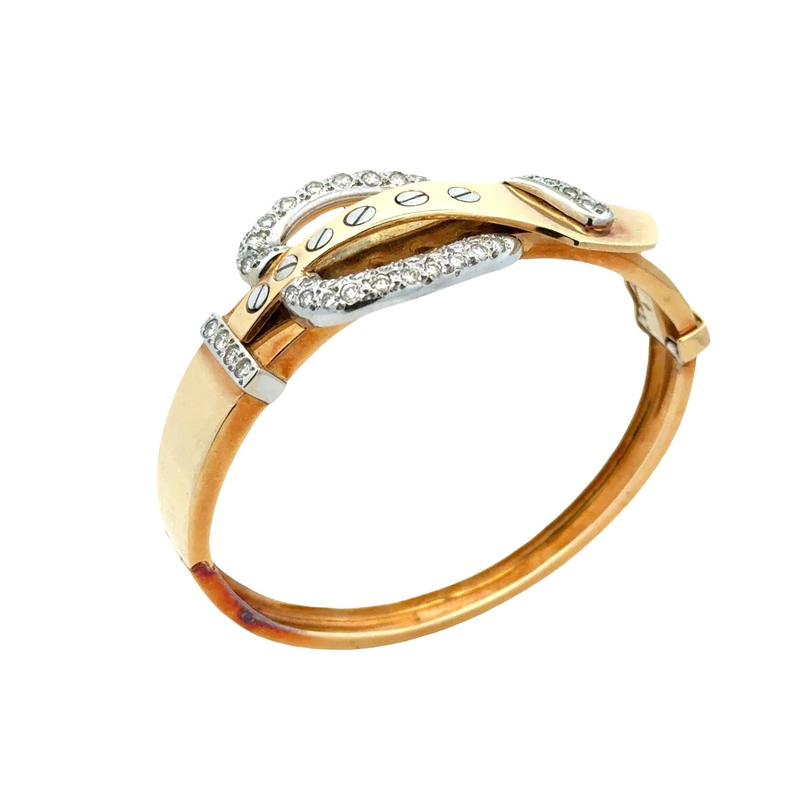 Retro Diamond 18 Karat Two Tone Gold Buckle Hinged Oval Bangle Bracelet Vintage
