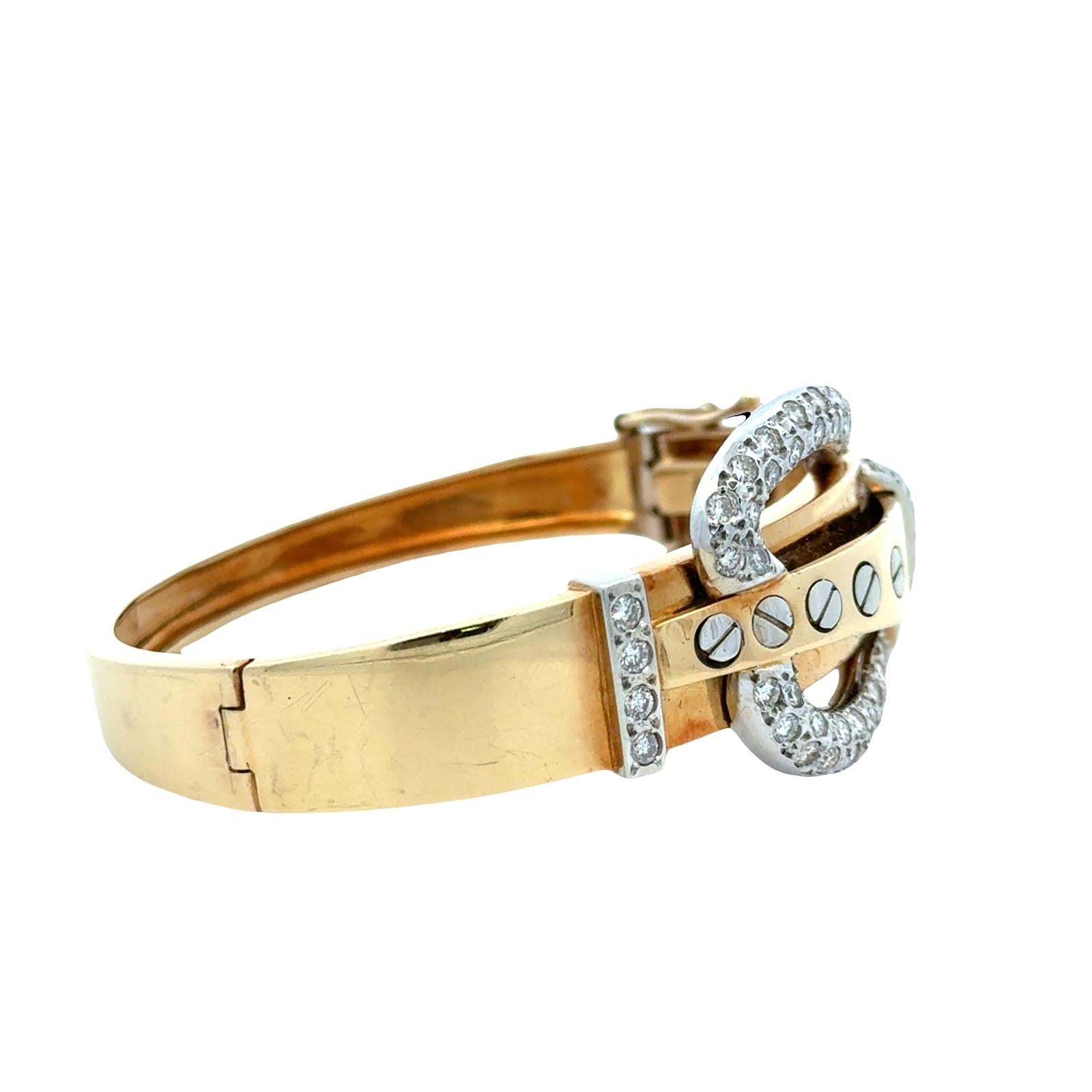 Retro Diamond 18 Karat Two Tone Gold Buckle Hinged Oval Bangle Bracelet Vintage