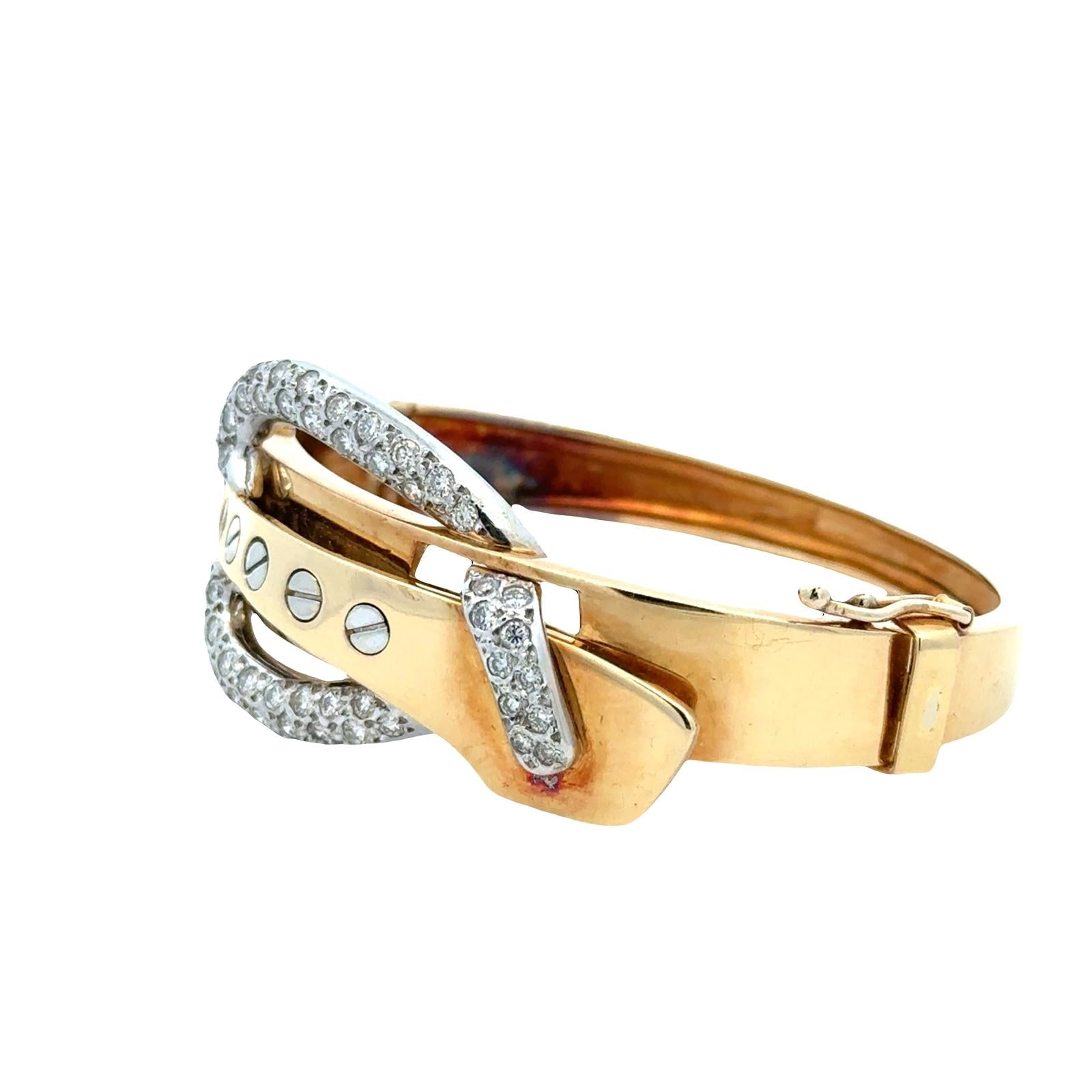 Retro Diamond 18 Karat Two Tone Gold Buckle Hinged Oval Bangle Bracelet Vintage
