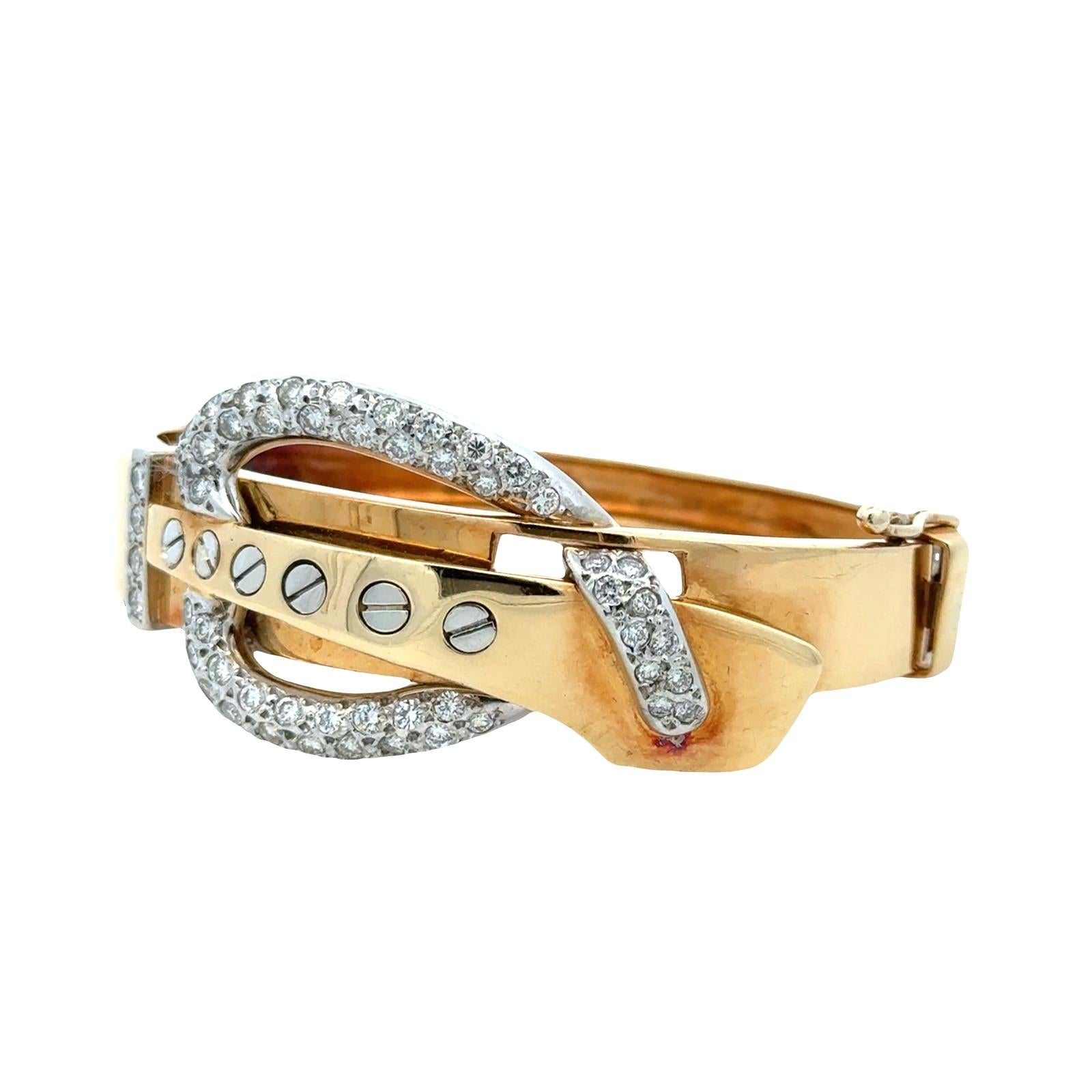 Retro Diamond 18 Karat Two Tone Gold Buckle Hinged Oval Bangle Bracelet Vintage
