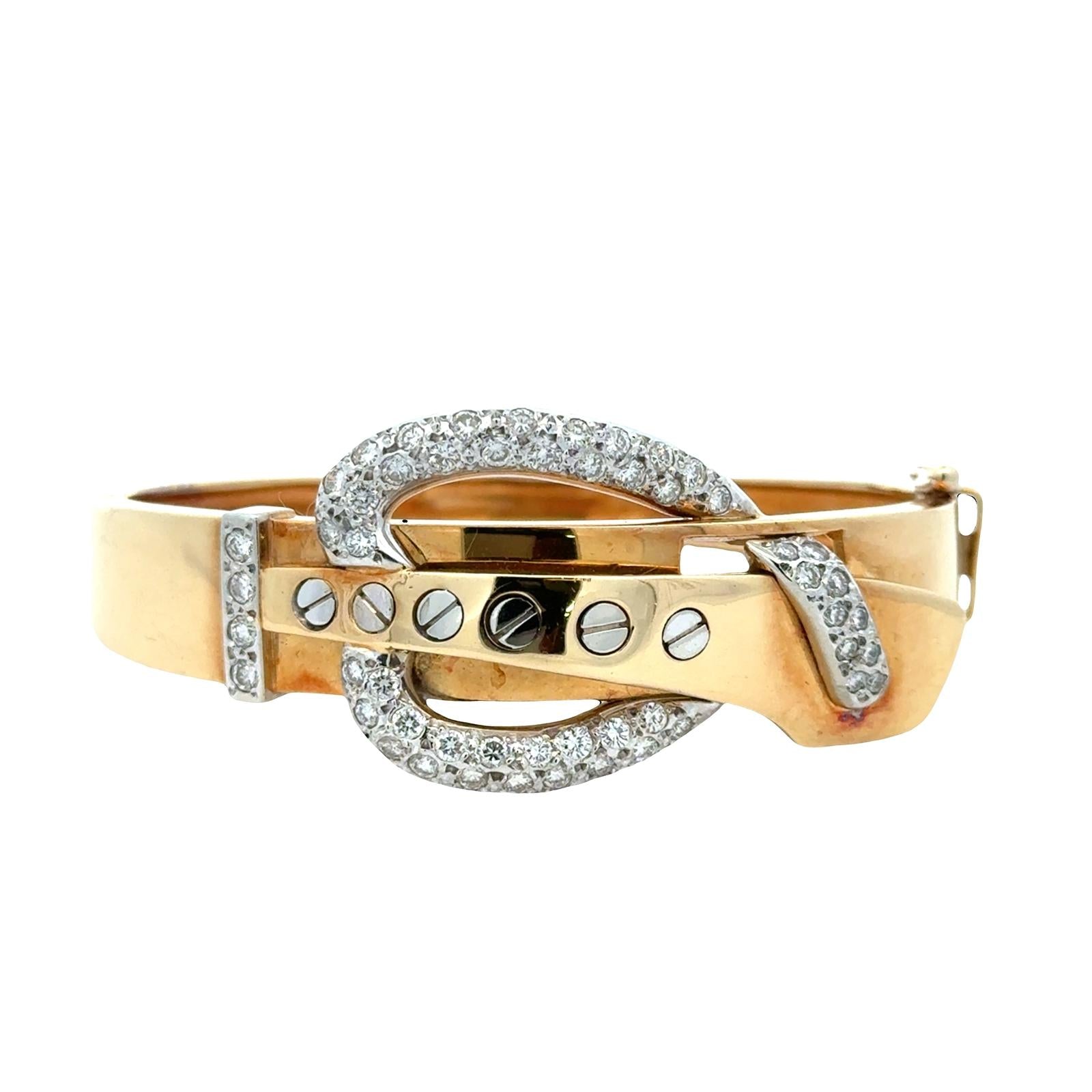 Retro Diamond 18 Karat Two Tone Gold Buckle Hinged Oval Bangle Bracelet Vintage