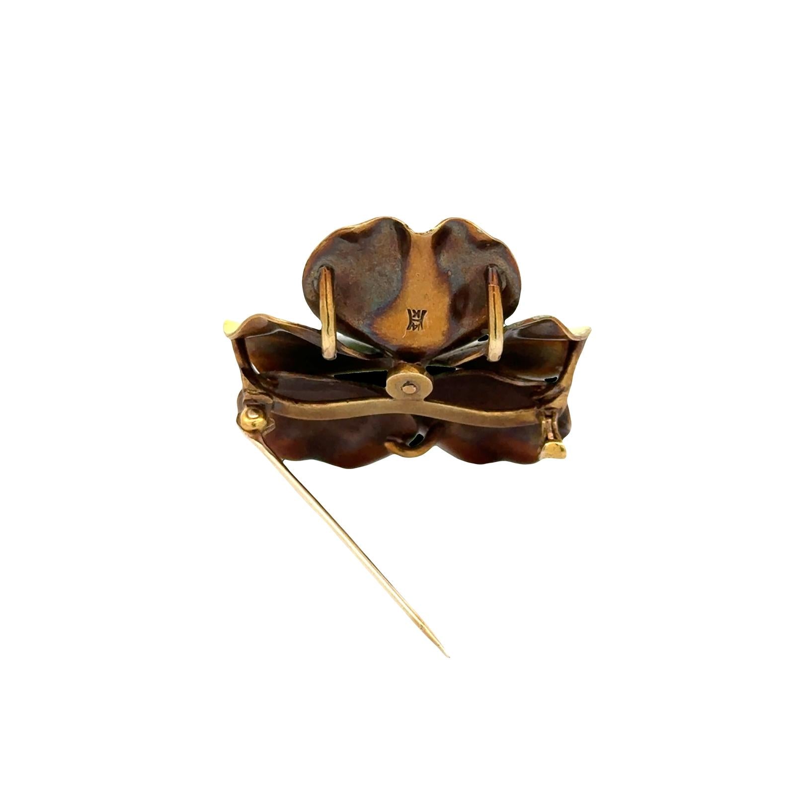 Early 20th Century Diamond Enamel 14 Karat Yellow Gold Pansy Floral Brooch Pin