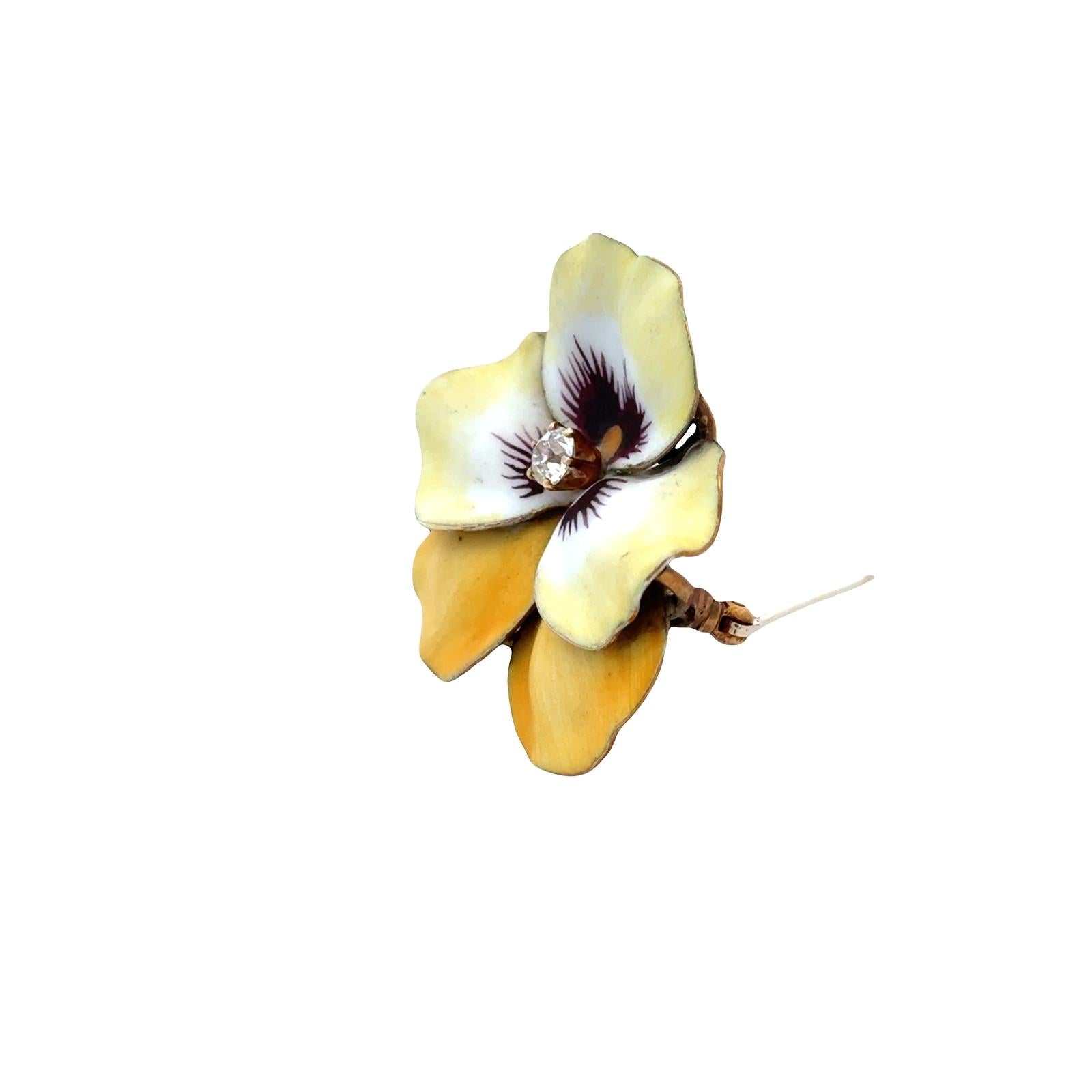 Early 20th Century Diamond Enamel 14 Karat Yellow Gold Pansy Floral Brooch Pin