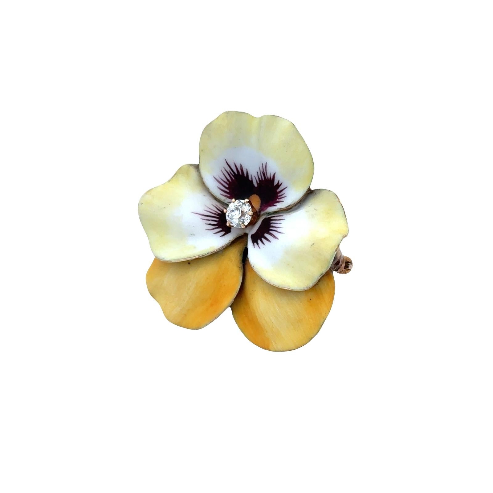 Early 20th Century Diamond Enamel 14 Karat Yellow Gold Pansy Floral Brooch Pin