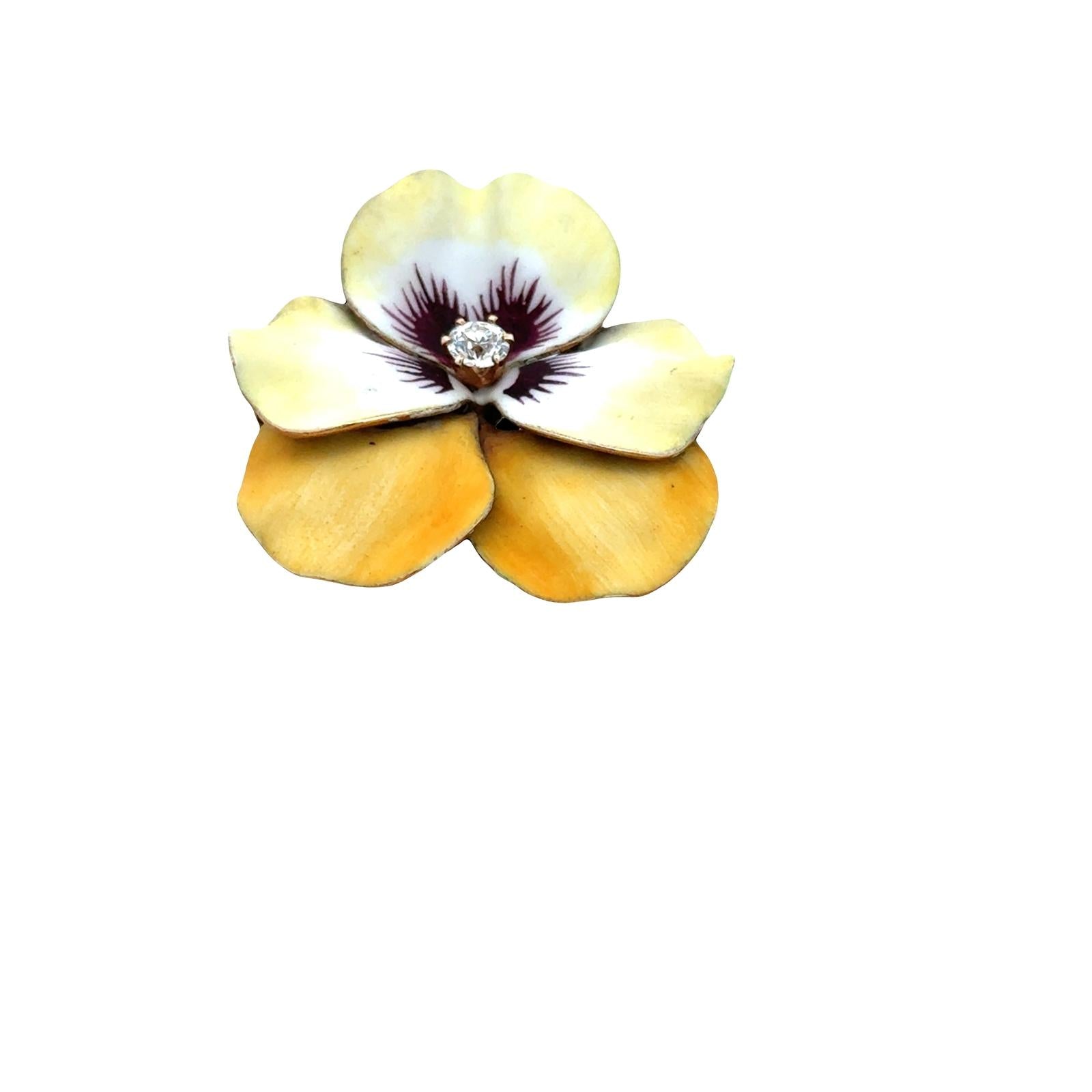 Early 20th Century Diamond Enamel 14 Karat Yellow Gold Pansy Floral Brooch Pin