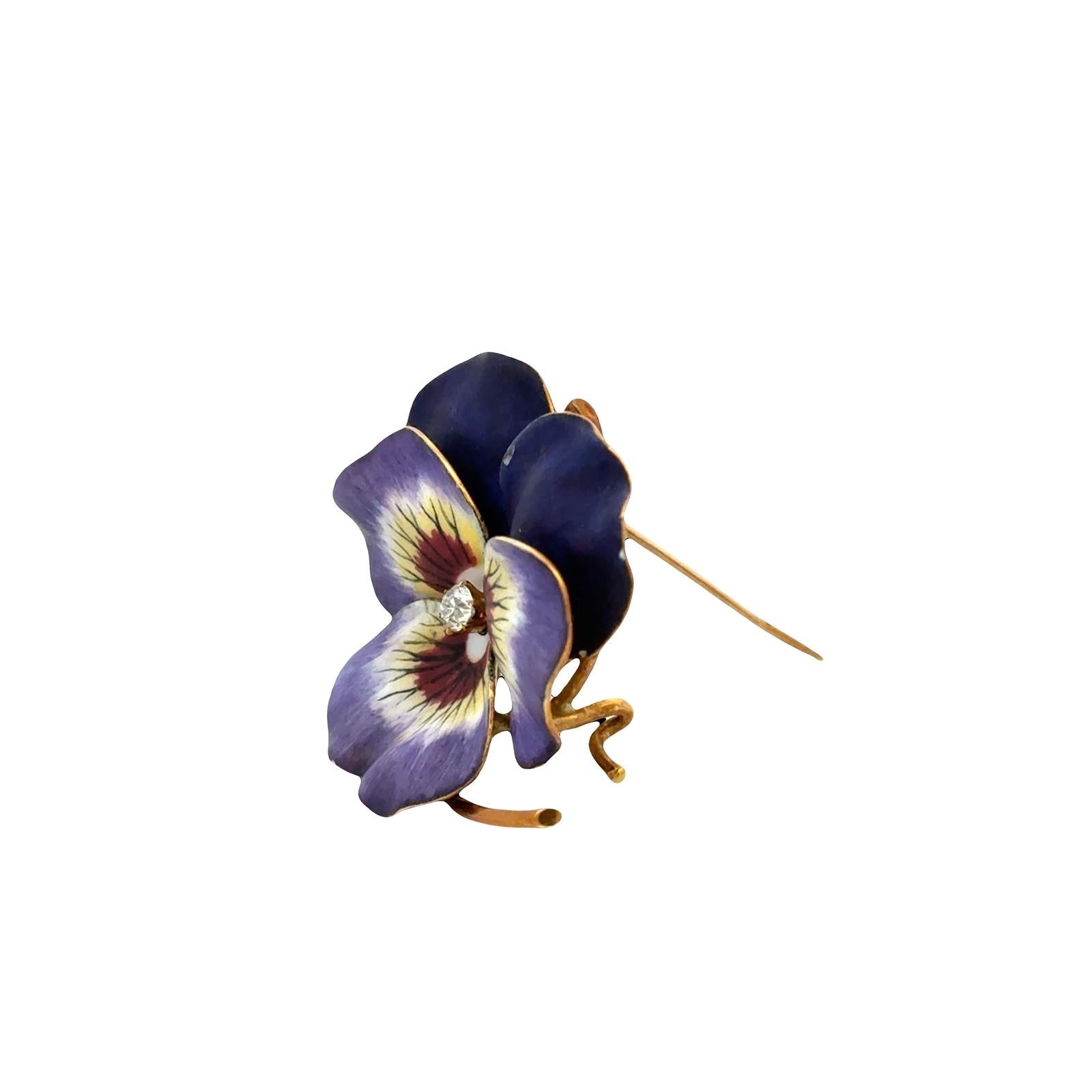 Early 20th Century Diamond Enamel 18 Karat Yellow Gold Pansy Brooch Pendant