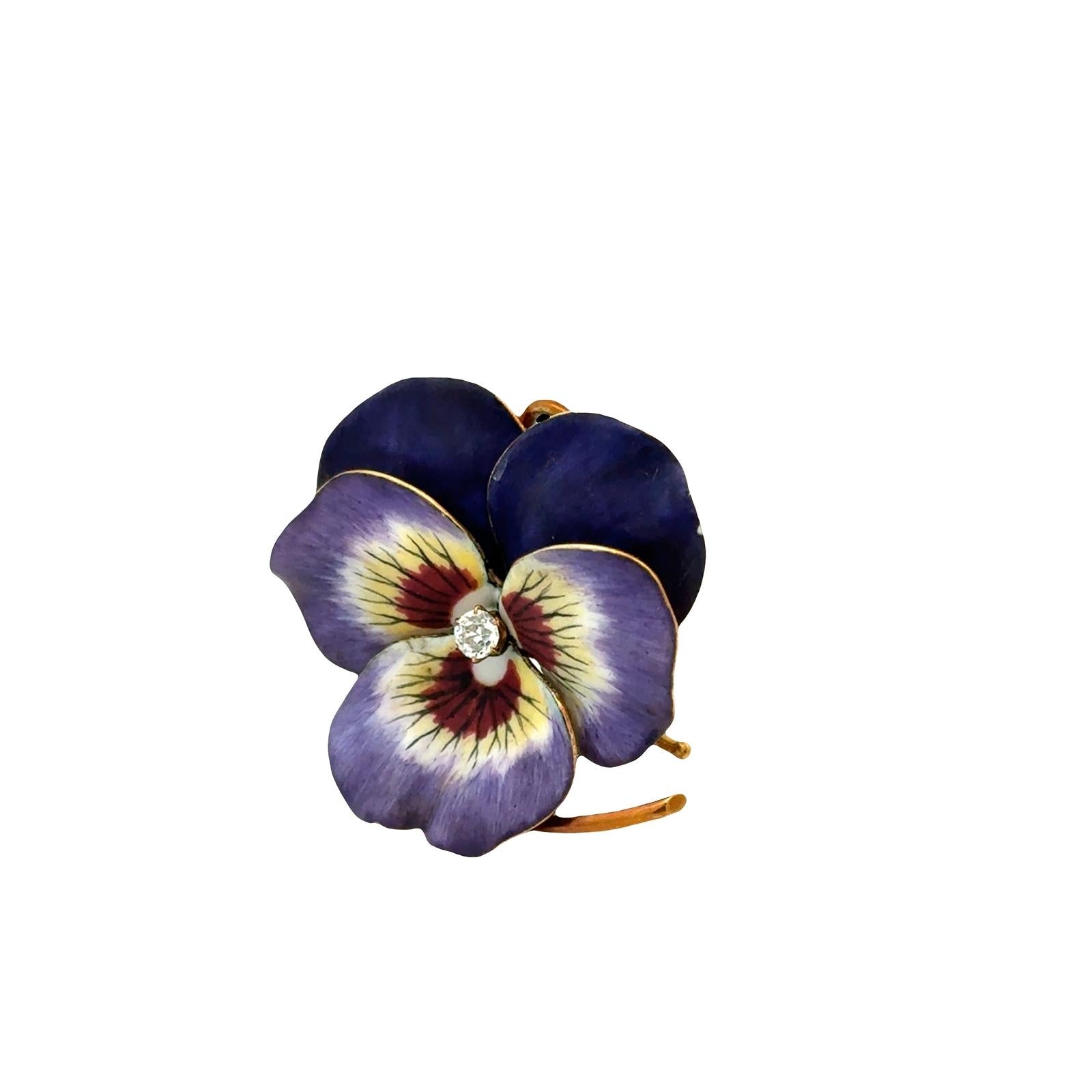 Early 20th Century Diamond Enamel 18 Karat Yellow Gold Pansy Brooch Pendant