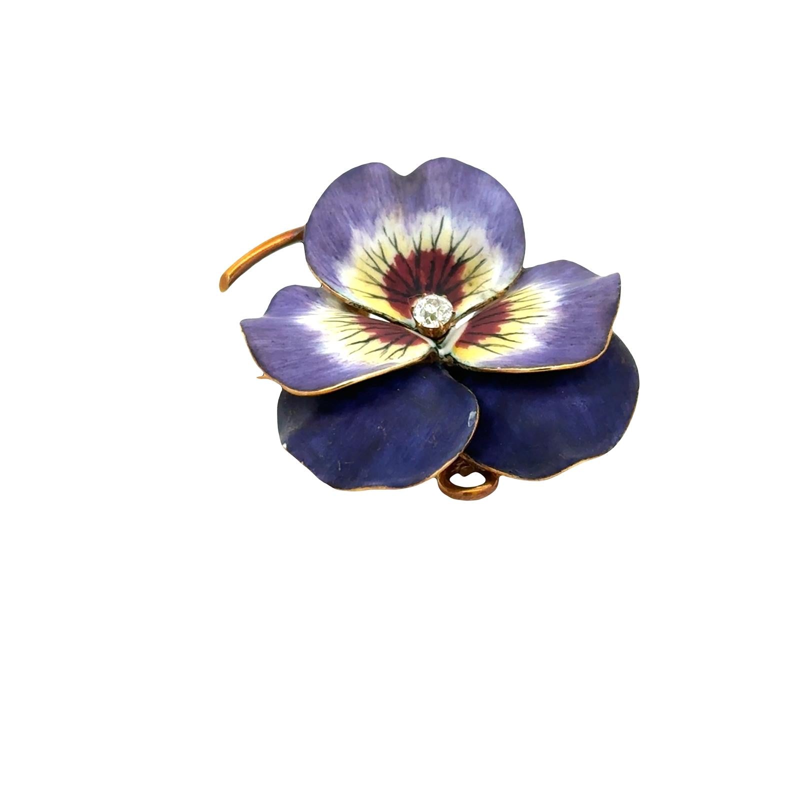 Early 20th Century Diamond Enamel 18 Karat Yellow Gold Pansy Brooch Pendant